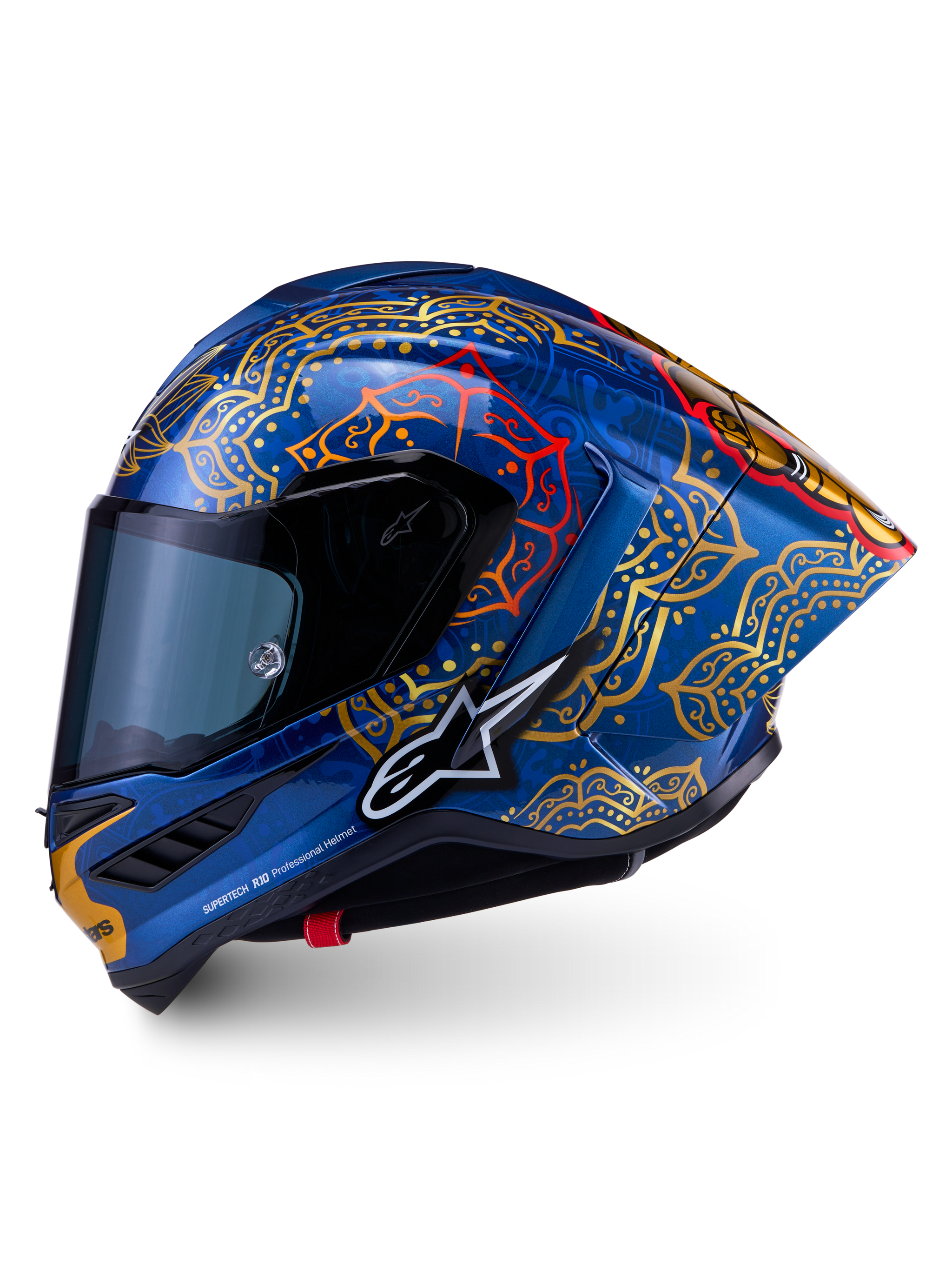 Casco Supertech R10 Martinator tailandés azul brillante con gráficos mandala dorados y rojos y calota de carbono.
