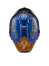 Casco Alpinestars Supertech R10 Martinator Thai, calota de carbono azul con elefante dorado y patrones intrincados.