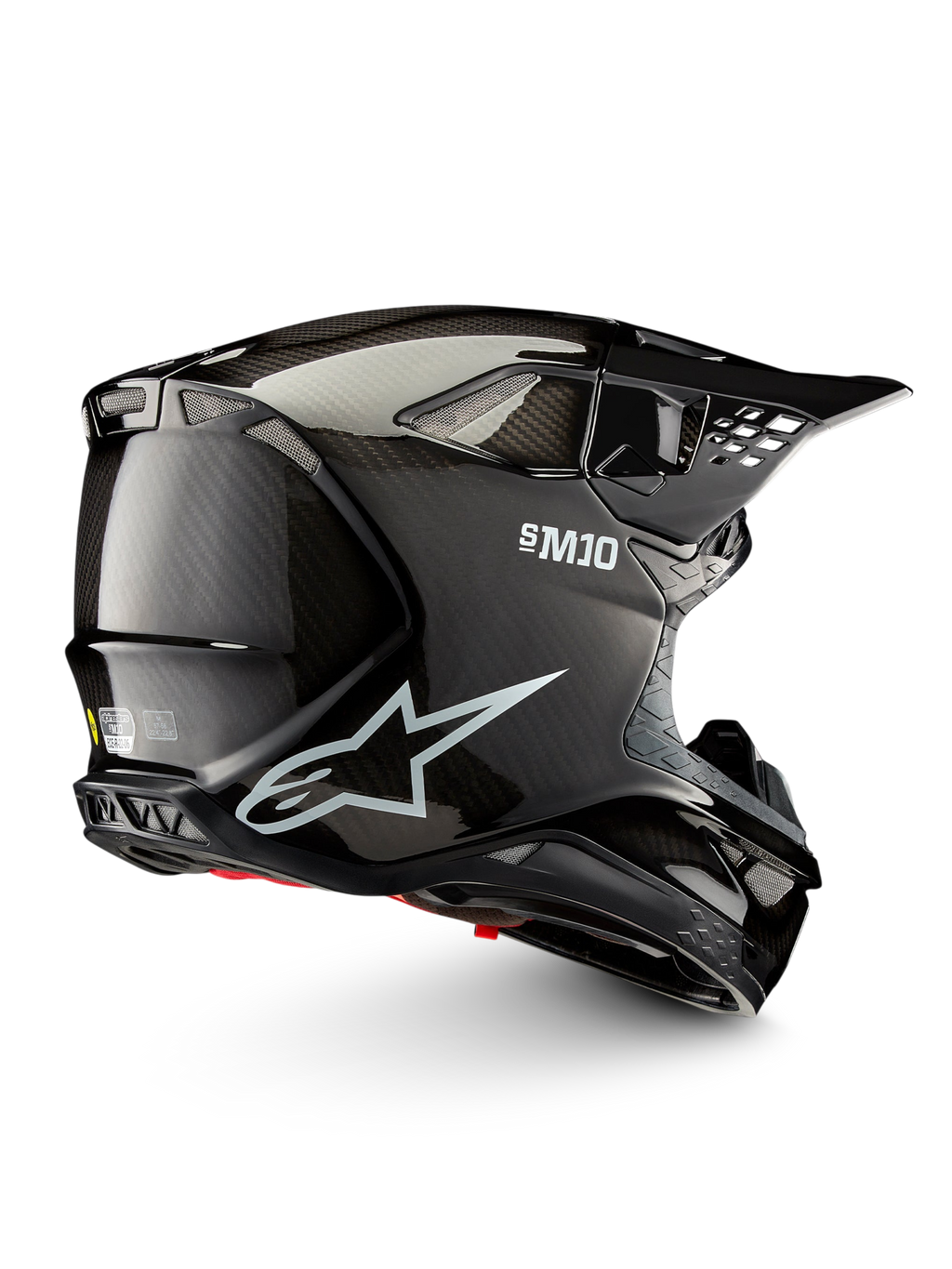 Alpinestars Supertech M10 Solid ECE 22.06, casco de motocross negro de carbono brillante, vista lateral con puertos de ventilación y visera de pico, certificado ECE