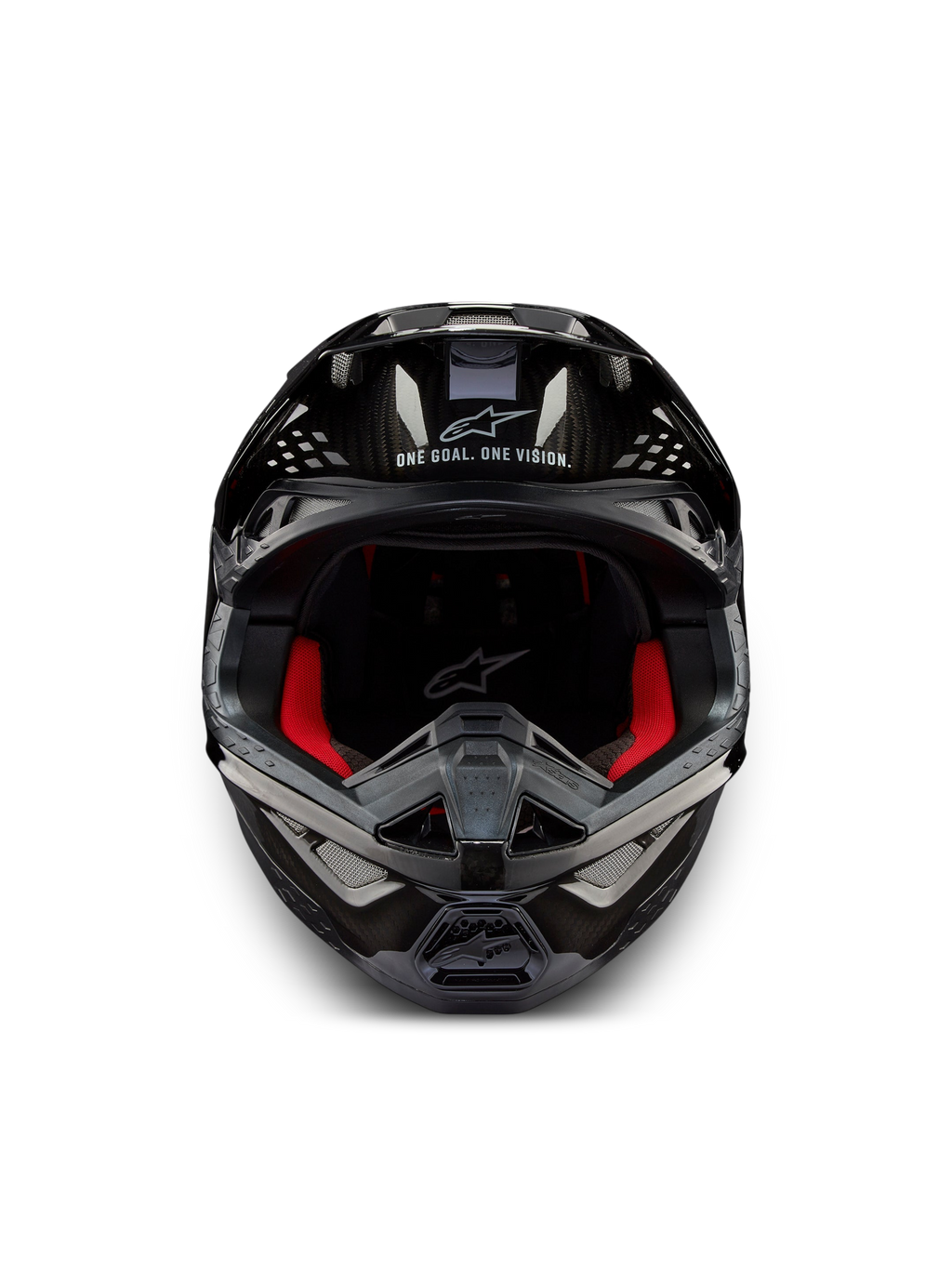 Alpinestars Supertech M10 Solid ECE 22.06, casco de motocross, vista frontal, carbono negro brillante con acolchado interior rojo y puertos de ventilación