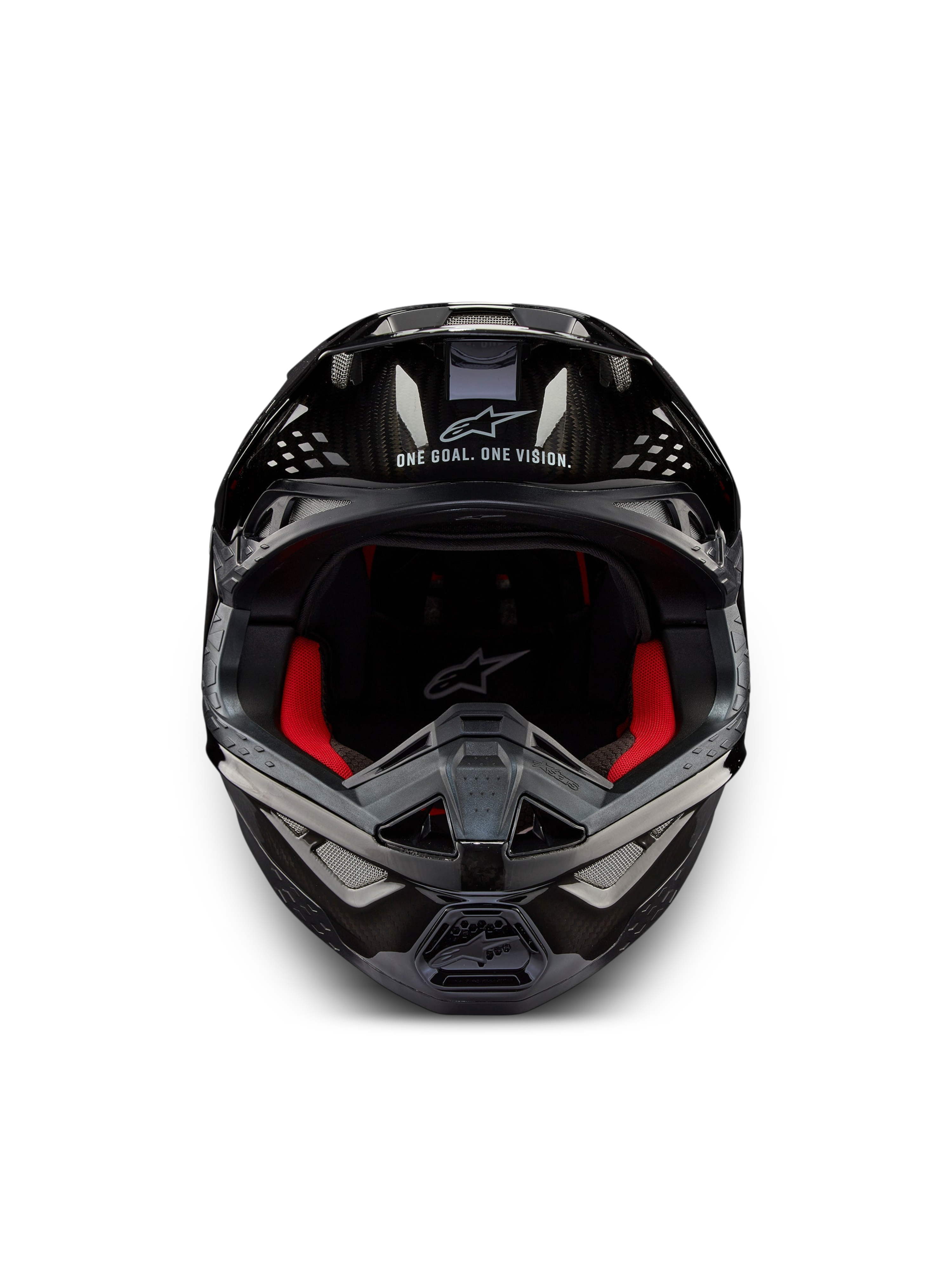 Alpinestars Supertech M10 Solid ECE 22.06, casco de motocross, vista frontal, carbono negro brillante con acolchado interior rojo y puertos de ventilación