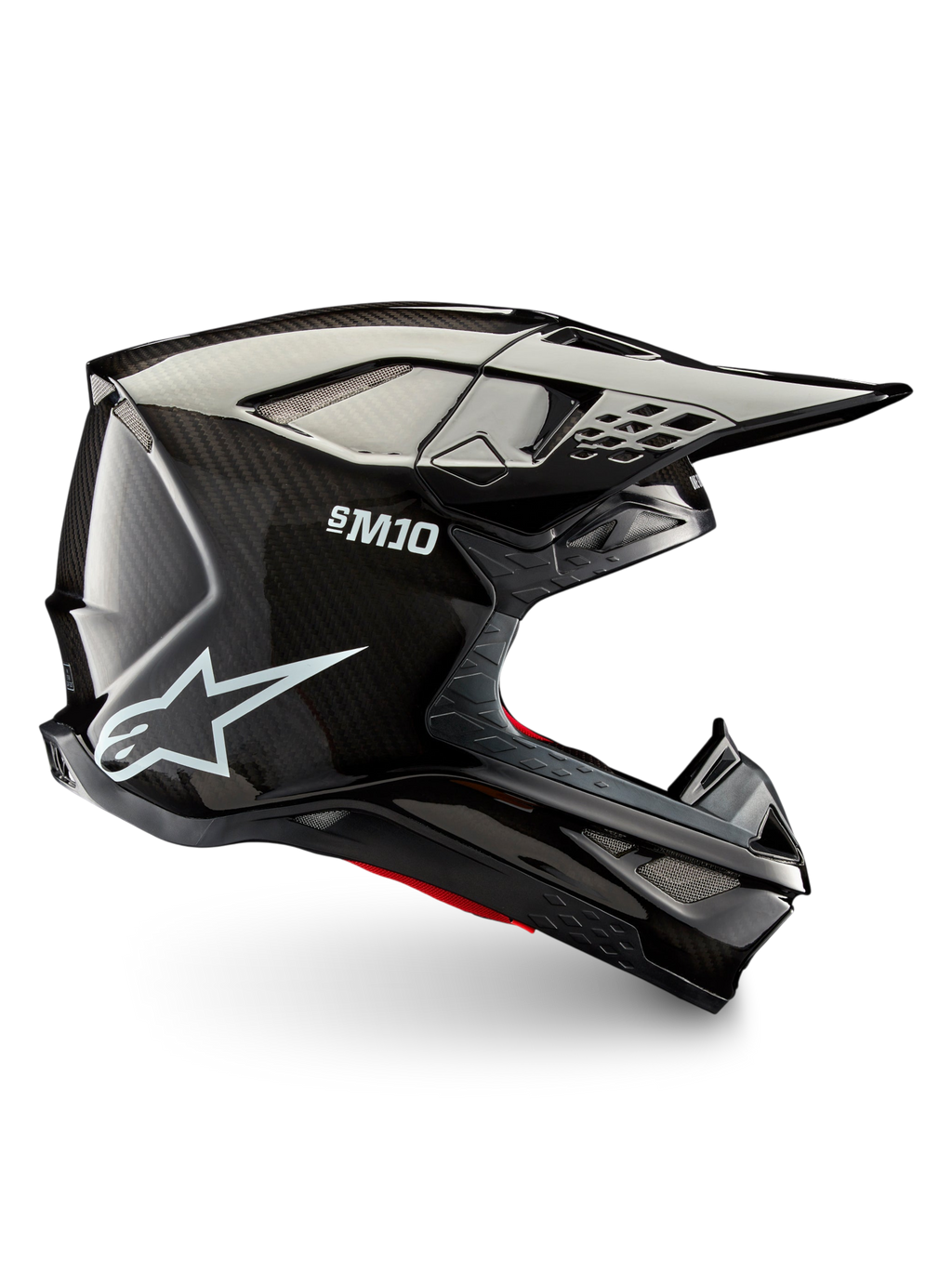 Casco Alpinestars Supertech M10 Solid ECE 22.06, casco de motocross para off-road, perfil lateral en carbono negro brillante, carcasa de carbono, visor y puertos de ventilación