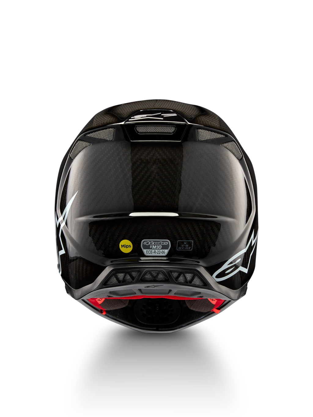 Casco Alpinestars Supertech M10 Solid ECE 22.06, casco de motocross negro de carbono brillante con gráficos blancos, vista trasera, puertos de ventilación, MIPS y certificación ECE-R 22.06