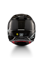 Casco Alpinestars Supertech M10 Solid ECE 22.06, casco de motocross negro de carbono brillante con gráficos blancos, vista trasera, puertos de ventilación, MIPS y certificación ECE-R 22.06