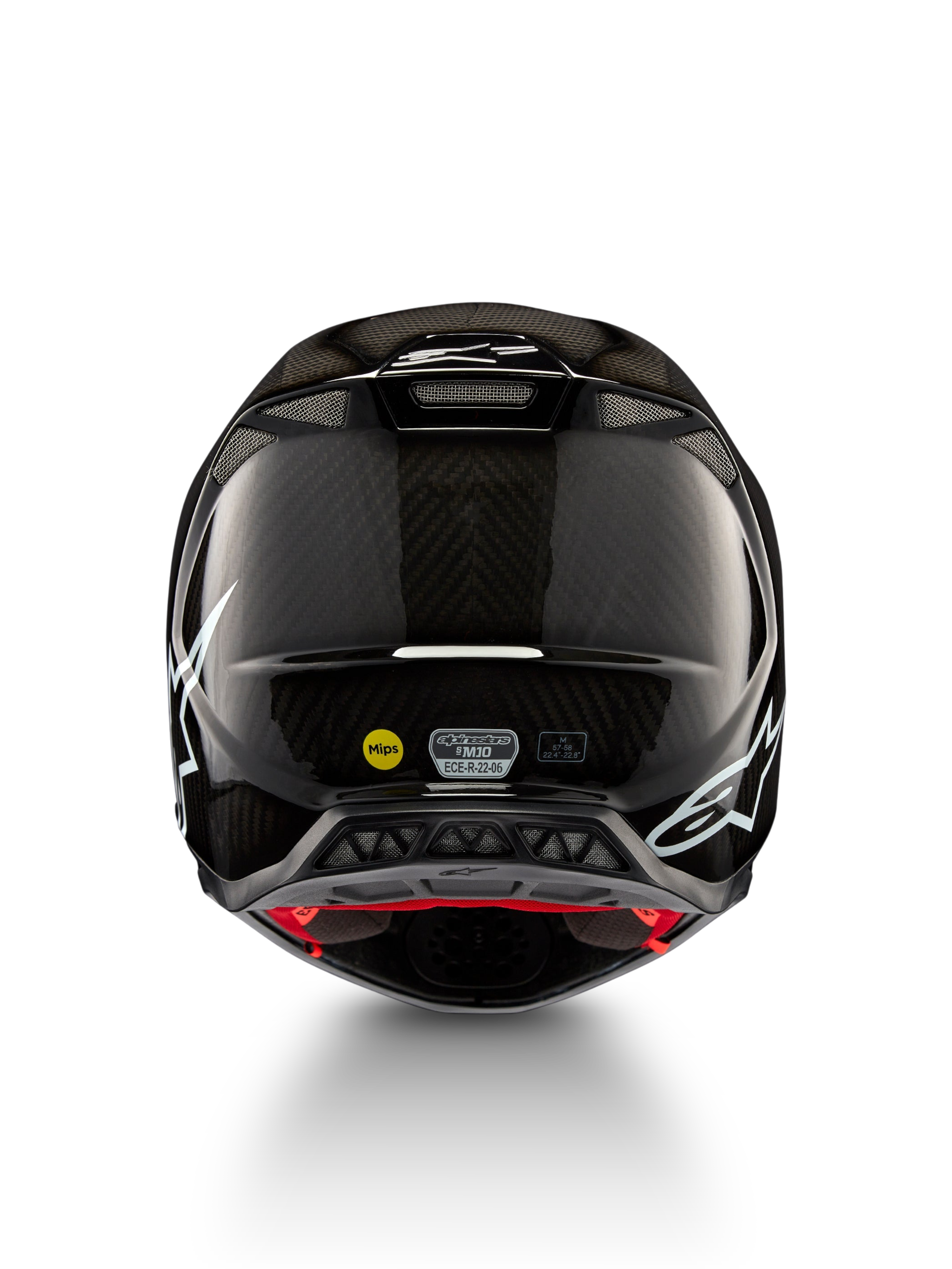 Casco Alpinestars Supertech M10 Solid ECE 22.06, casco de motocross negro de carbono brillante con gráficos blancos, vista trasera, puertos de ventilación, MIPS y certificación ECE-R 22.06