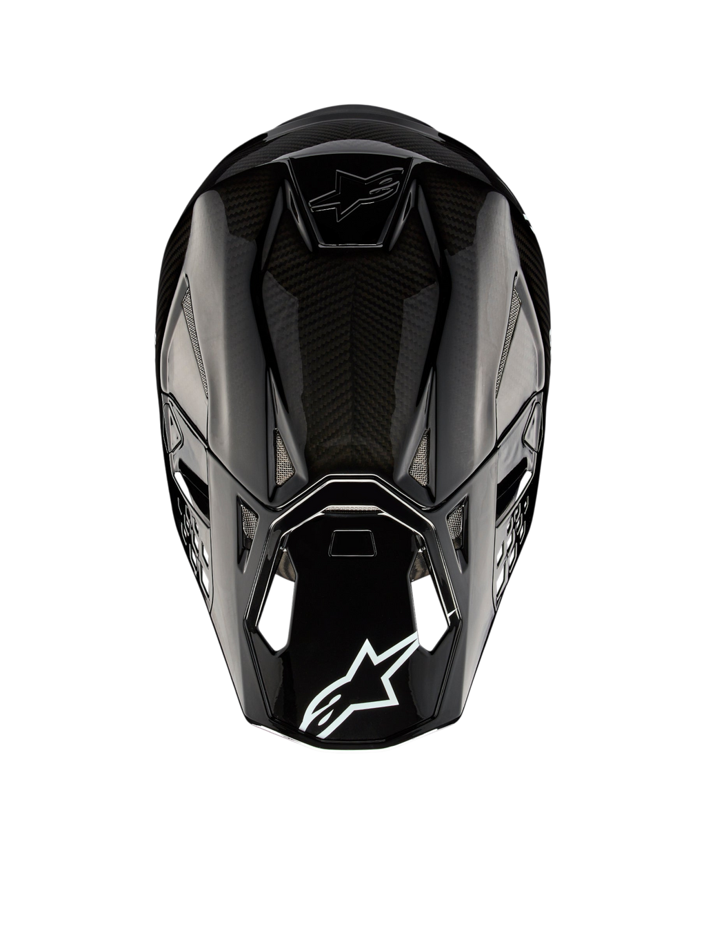 Alpinestars Supertech M10 Solid ECE 22.06, casco de motocross negro de carbono brillante, vista trasera con carcasa de carbono, ventilaciones y logotipo de Alpinestars