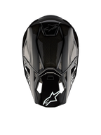 Alpinestars Supertech M10 Solid ECE 22.06, casco de motocross negro de carbono brillante, vista trasera con carcasa de carbono, ventilaciones y logotipo de Alpinestars