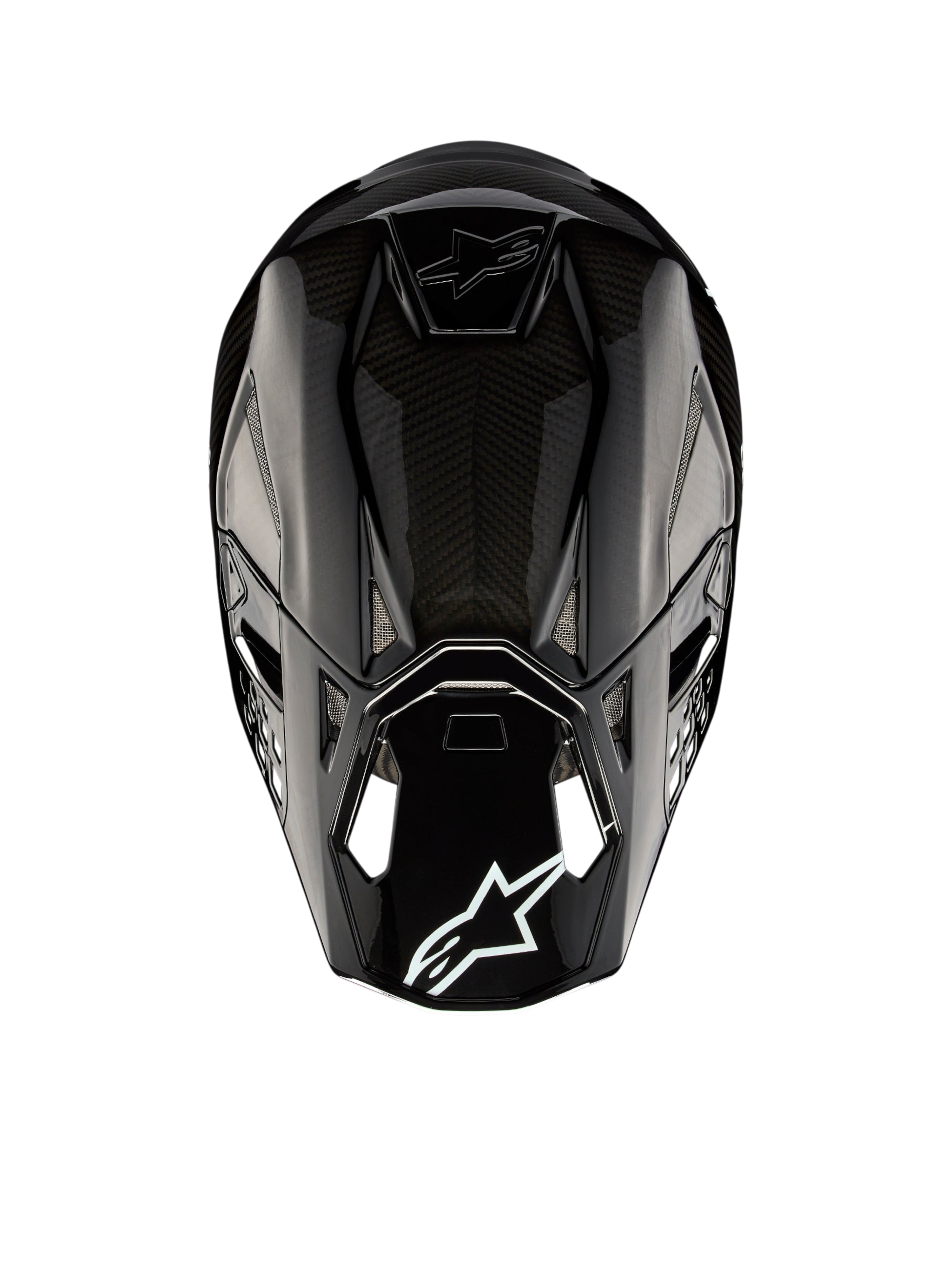Alpinestars Supertech M10 Solid ECE 22.06, casco de motocross negro de carbono brillante, vista trasera con carcasa de carbono, ventilaciones y logotipo de Alpinestars