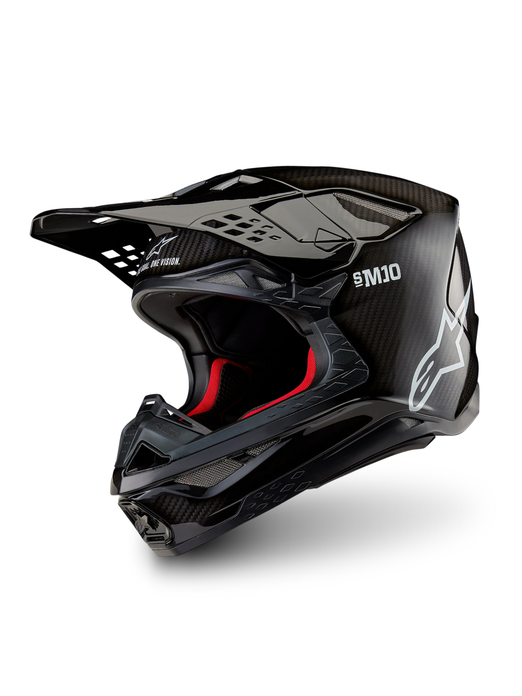 Alpinestars Supertech M10 Solid ECE 22.06, casco de motocross negro de carbono brillante, con visera de pico y forro interior rojo, vista de tres cuartos