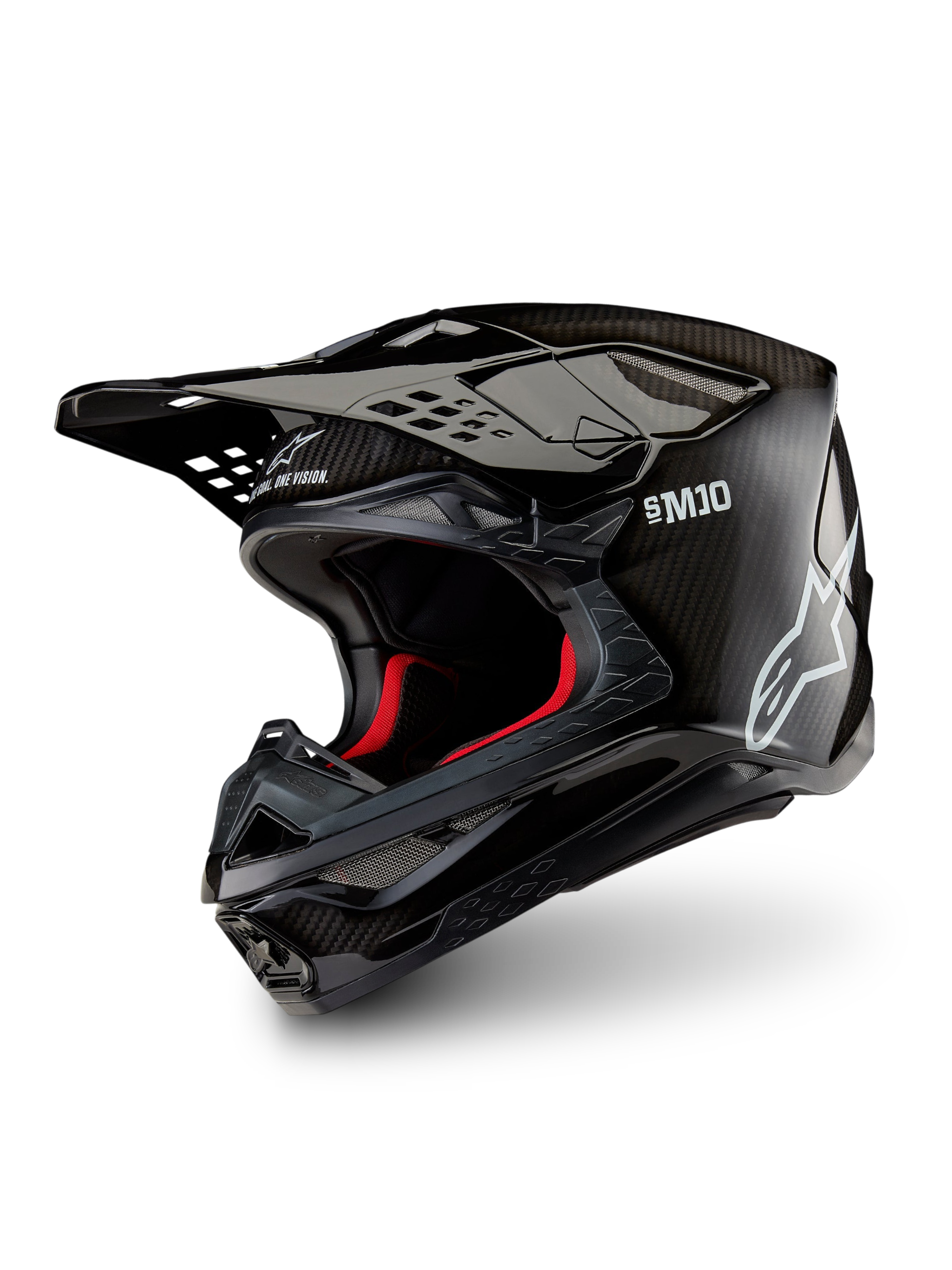 Alpinestars Supertech M10 Solid ECE 22.06, casco de motocross negro de carbono brillante, con visera de pico y forro interior rojo, vista de tres cuartos