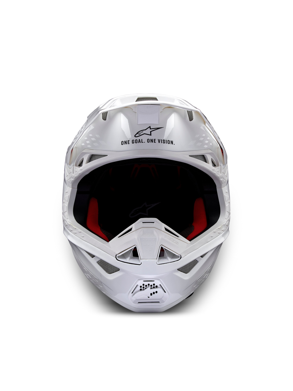 Alpinestars Supertech M10 Solid ECE 22.06, casco de motocross blanco brillante, vista frontal con acolchado interior rojo y negro