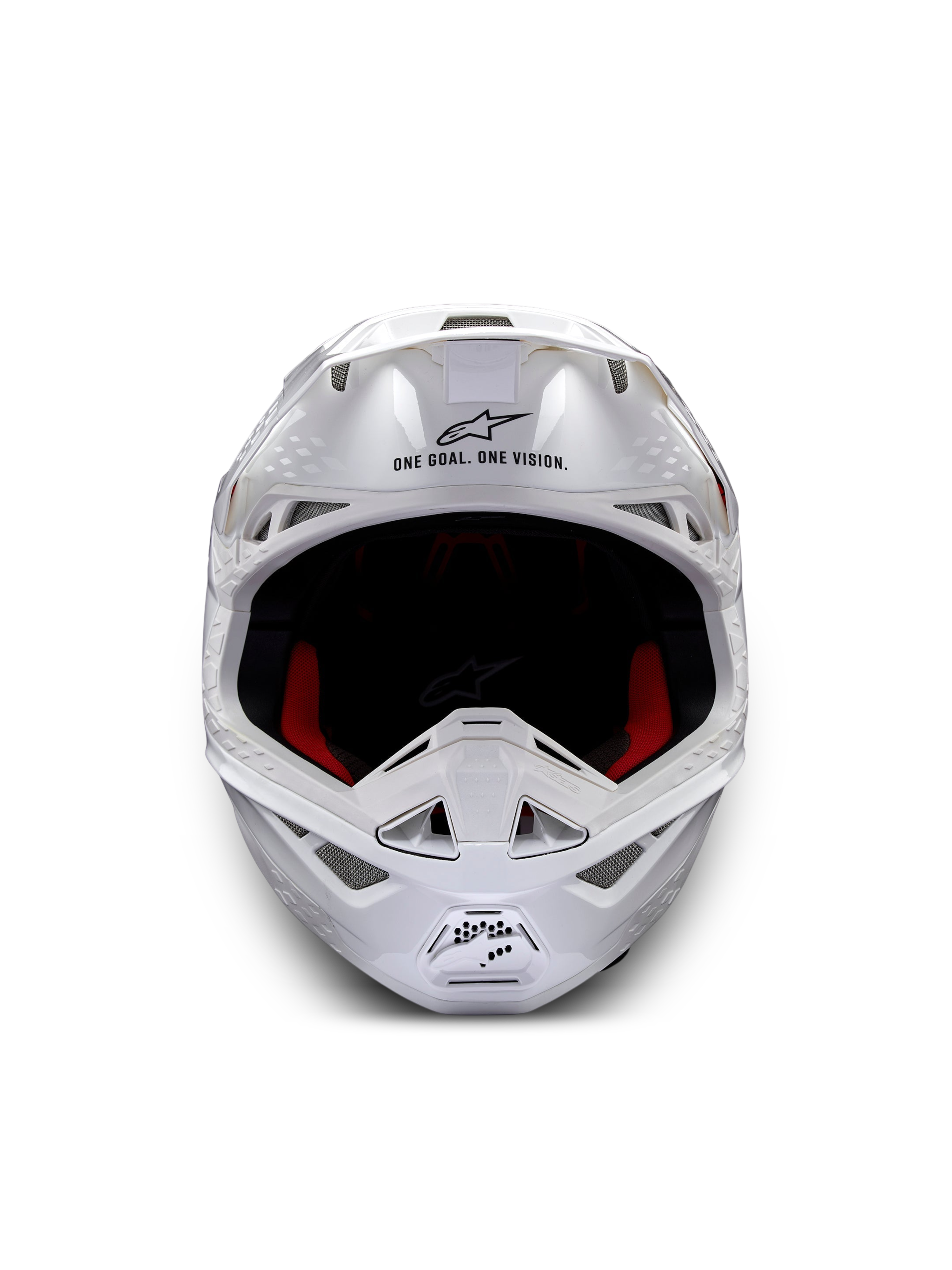 Alpinestars Supertech M10 Solid ECE 22.06, casco de motocross blanco brillante, vista frontal con acolchado interior rojo y negro