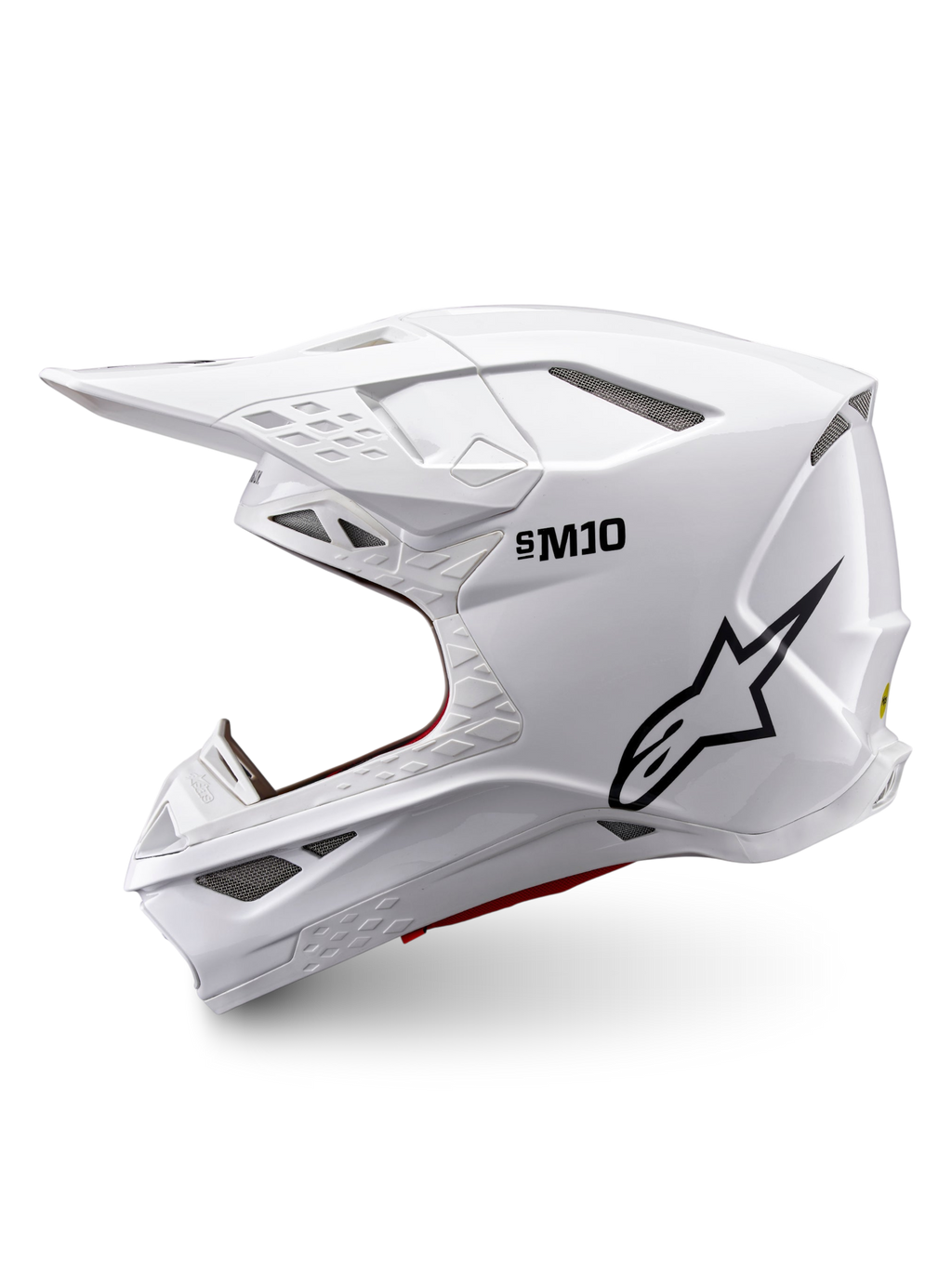 Alpinestars Supertech M10 Solid ECE 22.06, casco de motocross blanco brillante con logotipo negro, perfil lateral y múltiples puertos de ventilación