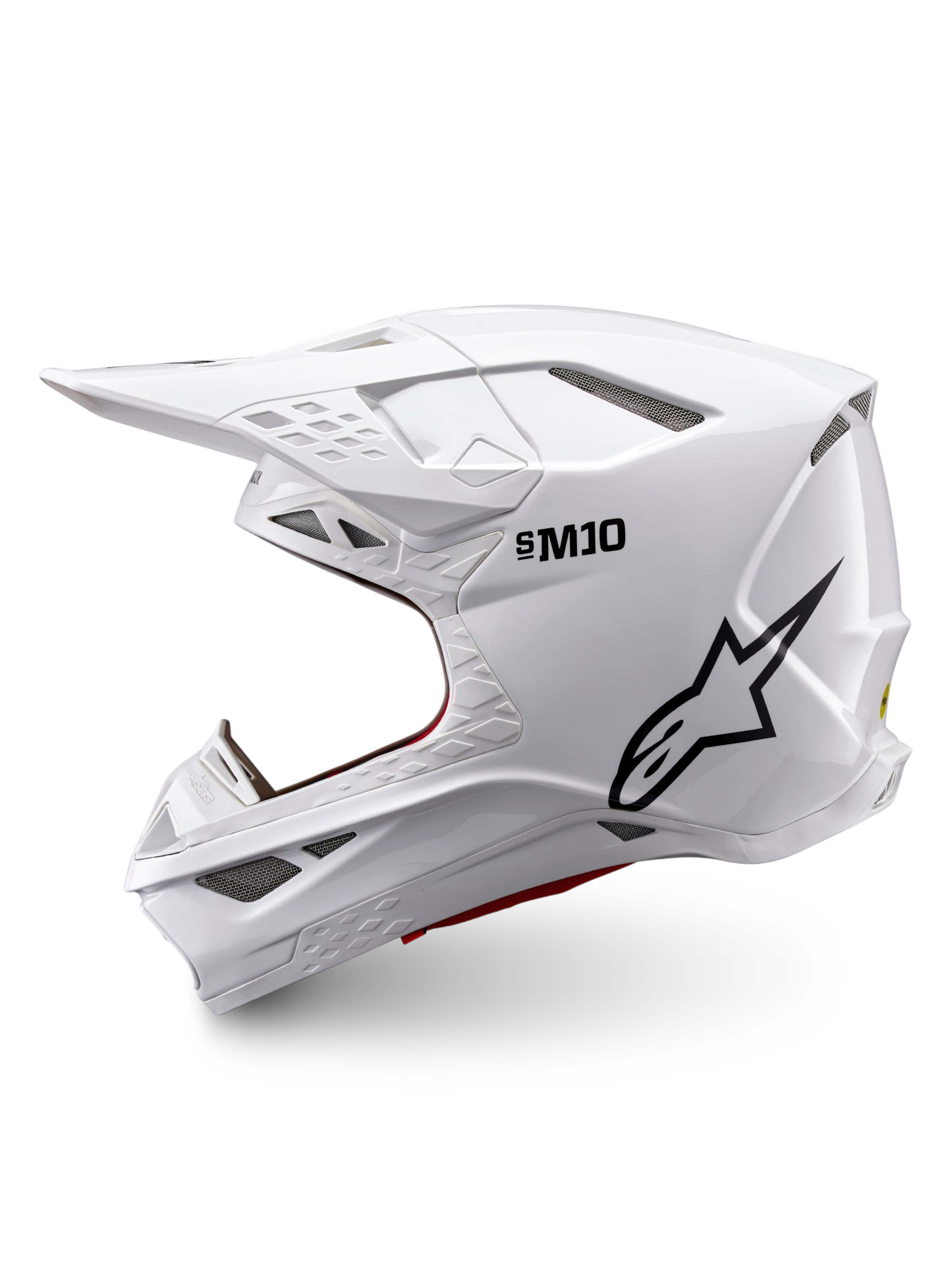 Alpinestars Supertech M10 Solid ECE 22.06, casco de motocross blanco brillante con logotipo negro, perfil lateral y múltiples puertos de ventilación