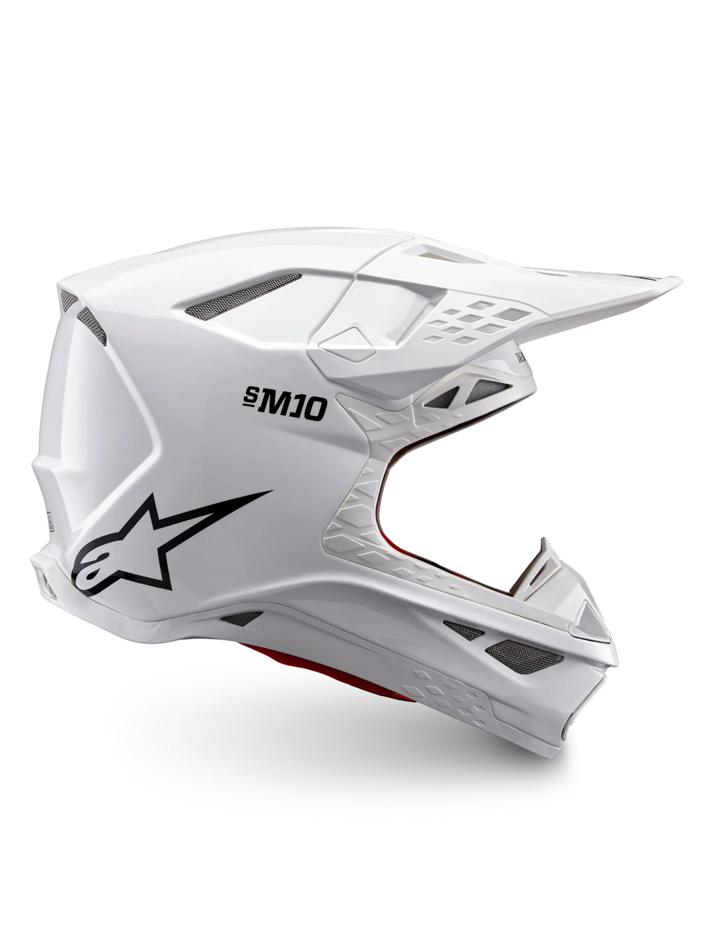 Alpinestars Supertech M10 Solid ECE 22.06, casco de motocross blanco brillante con logotipo negro, visera de pico y diseño ventilado, vista lateral