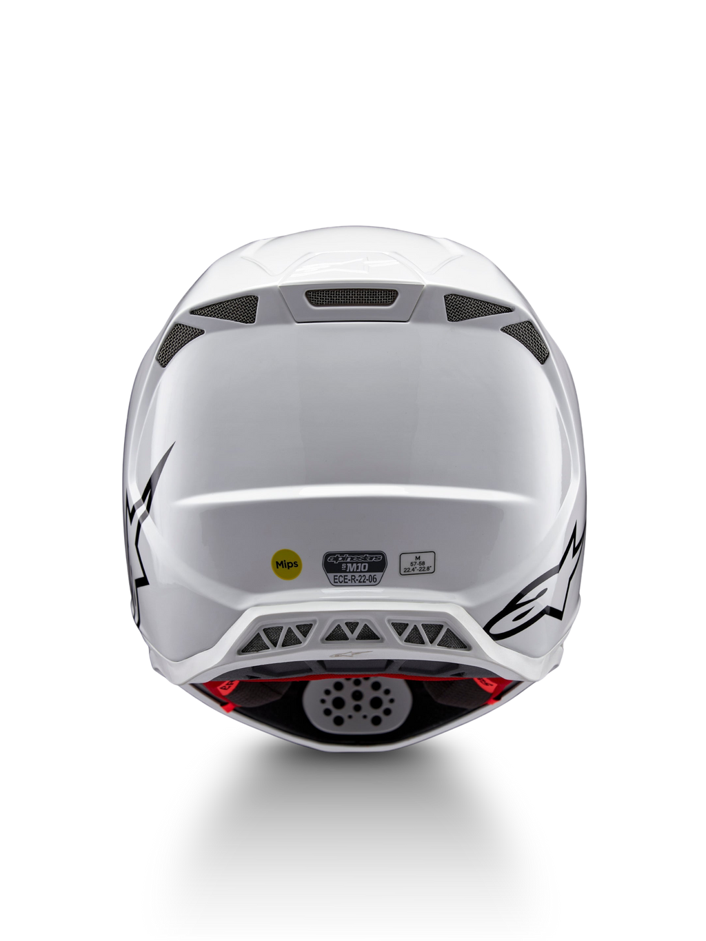 Alpinestars Supertech M10 Solid ECE 22.06, casco de motocross blanco brillante con gráficos negros, visto desde atrás, con puertos de ventilación, sistema MIPS y certificación ECE