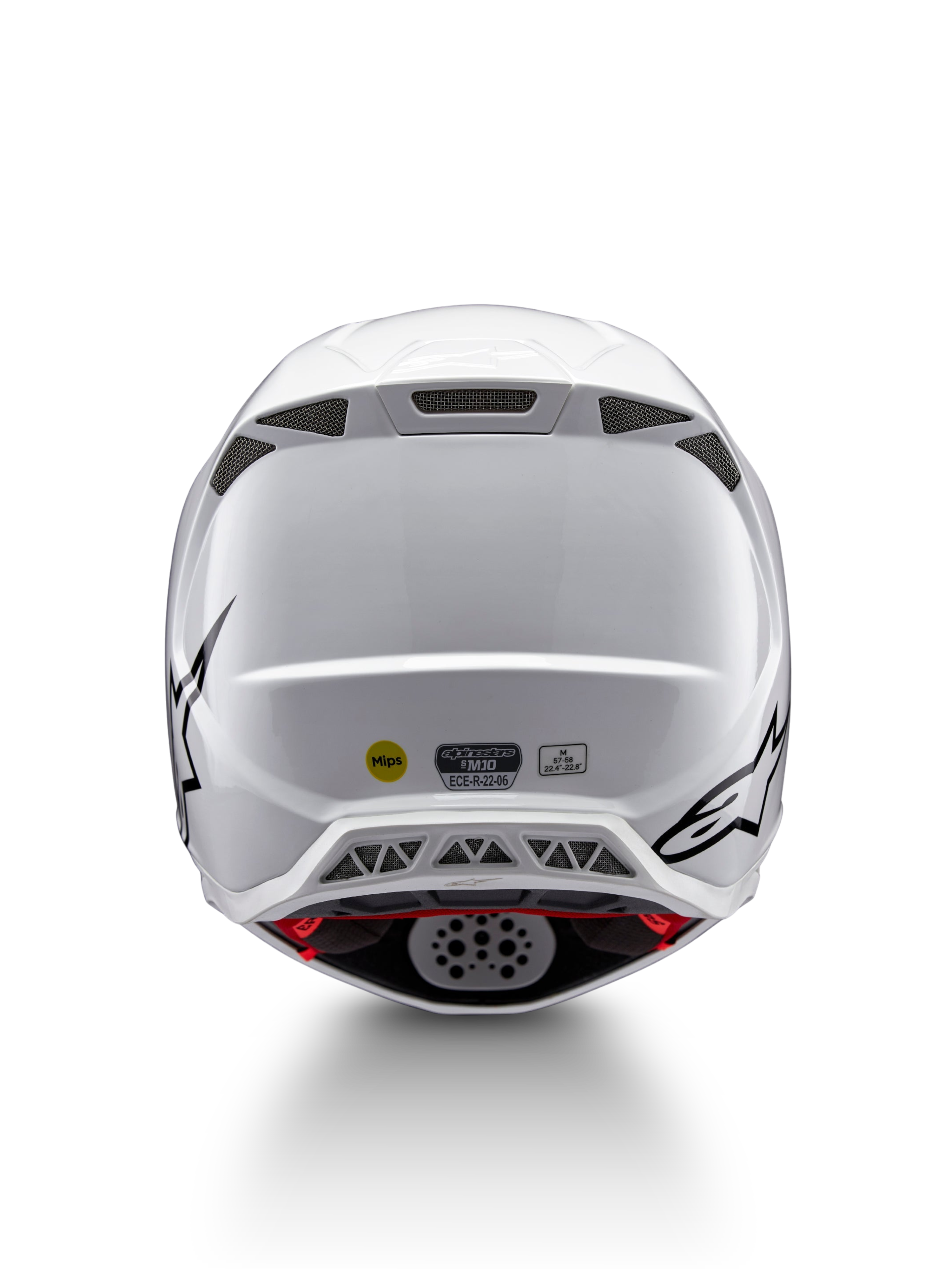 Alpinestars Supertech M10 Solid ECE 22.06, casco de motocross blanco brillante con gráficos negros, visto desde atrás, con puertos de ventilación, sistema MIPS y certificación ECE
