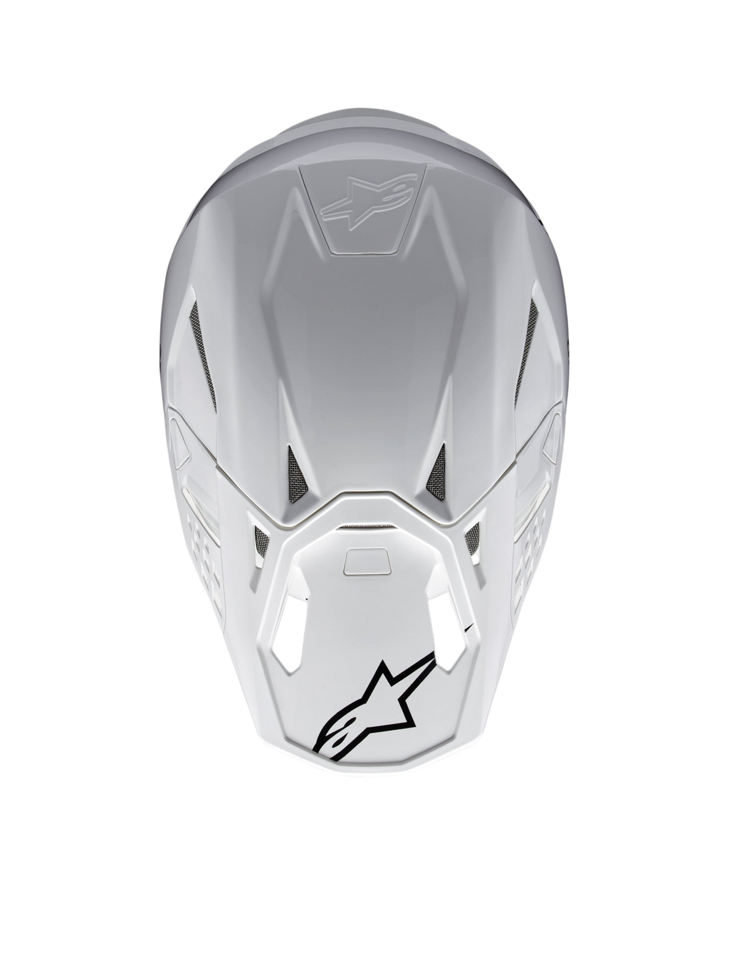 Alpinestars Supertech M10 Solid ECE 22.06, casco de motocross blanco brillante, vista trasera con puertos de ventilación y logotipos Alpinestars negros, carcasa de carbono y aramida