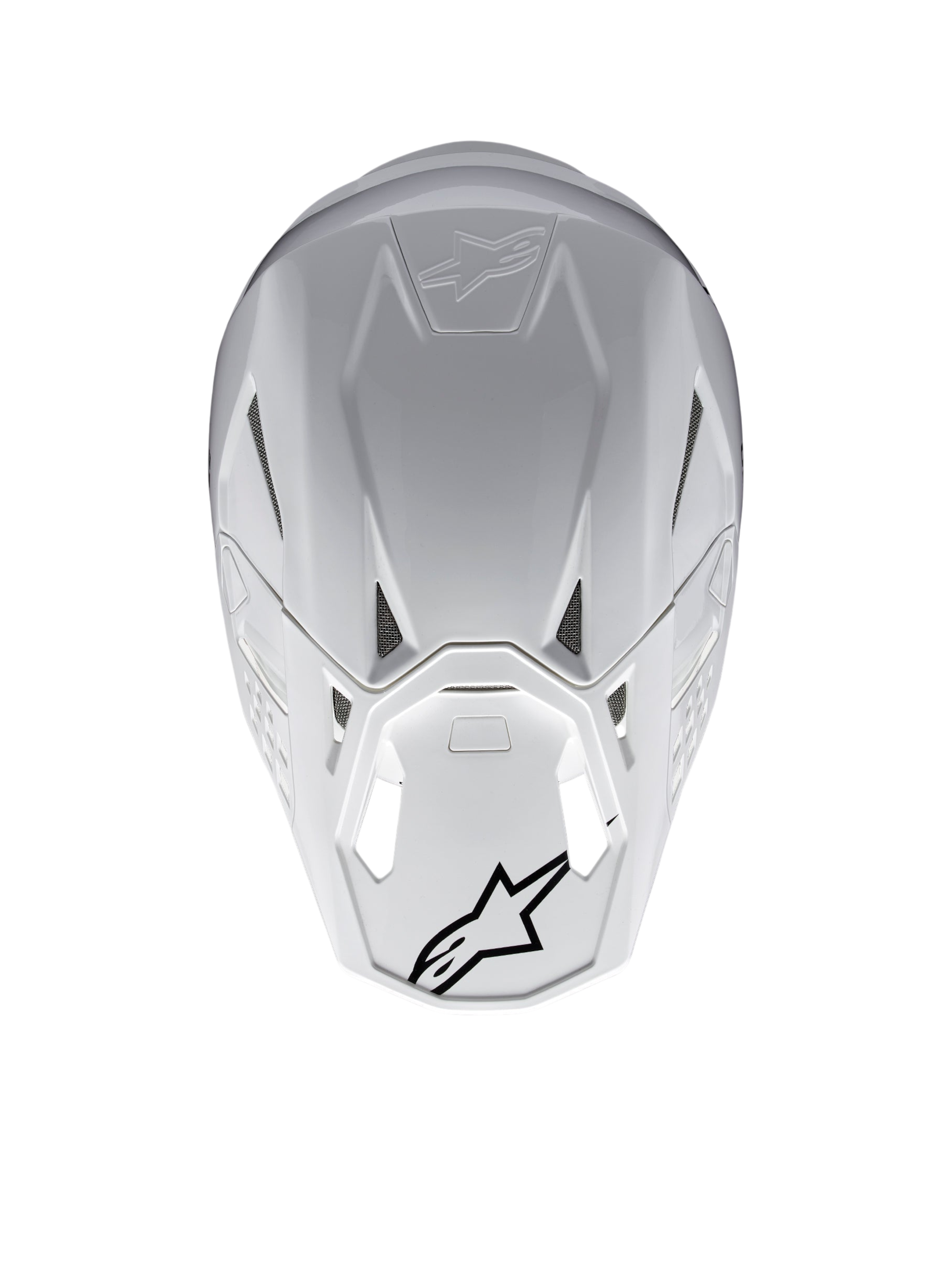 Alpinestars Supertech M10 Solid ECE 22.06, casco de motocross blanco brillante, vista trasera con puertos de ventilación y logotipos Alpinestars negros, carcasa de carbono y aramida