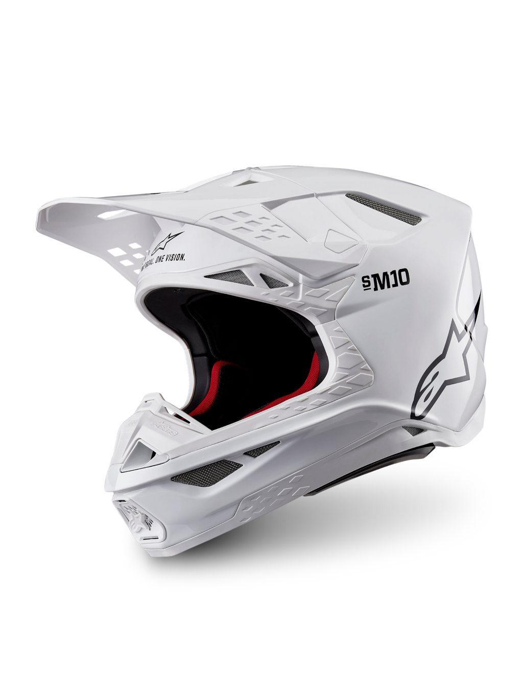 Alpinestars Casco Supertech M10 Solid ECE 22.06, casco de motocross blanco brillante con acolchado interior negro y rojo, visor superior y múltiples puertos de ventilación, vista de tres cuartos