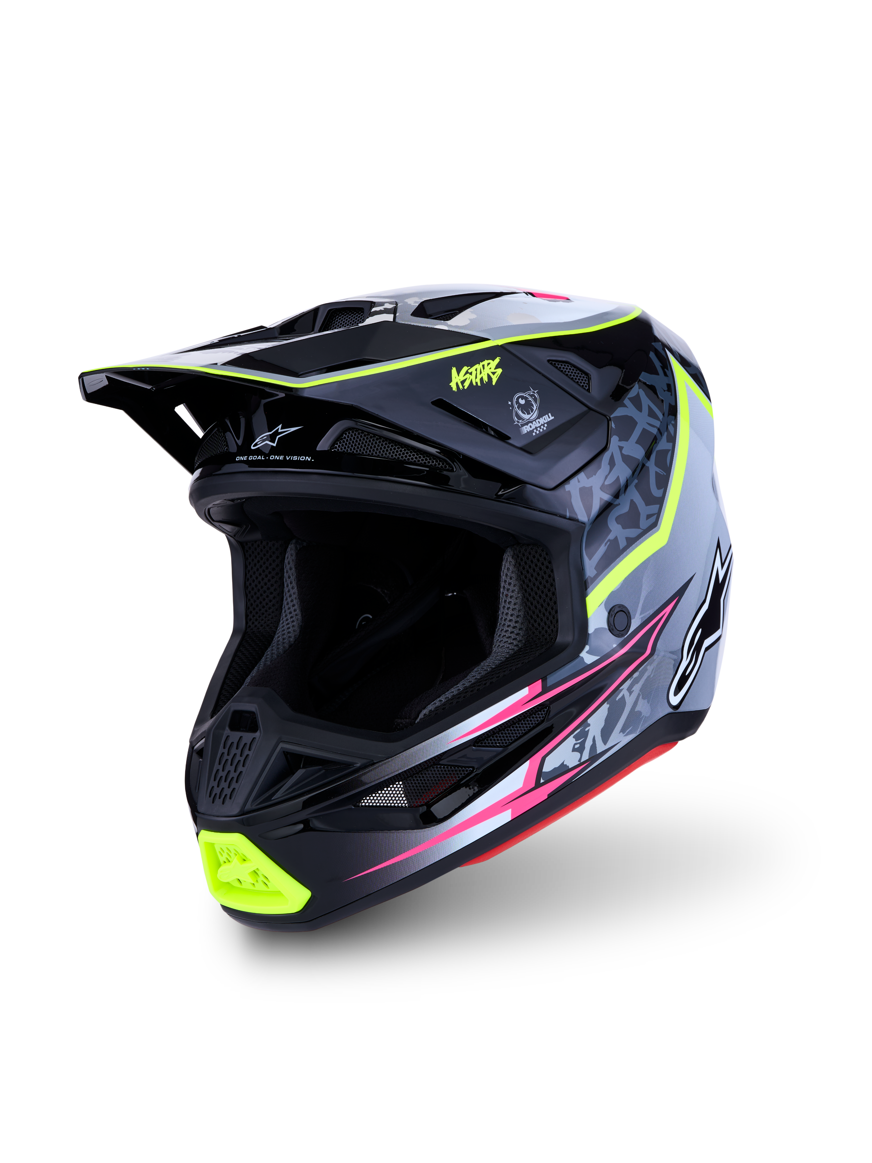 Alpinestars S-M7 Blaster, casco de motocross y off-road, negro y gris con amarillo fluorescente, carcasa ligera de compuesto, certificación ECE 22.06