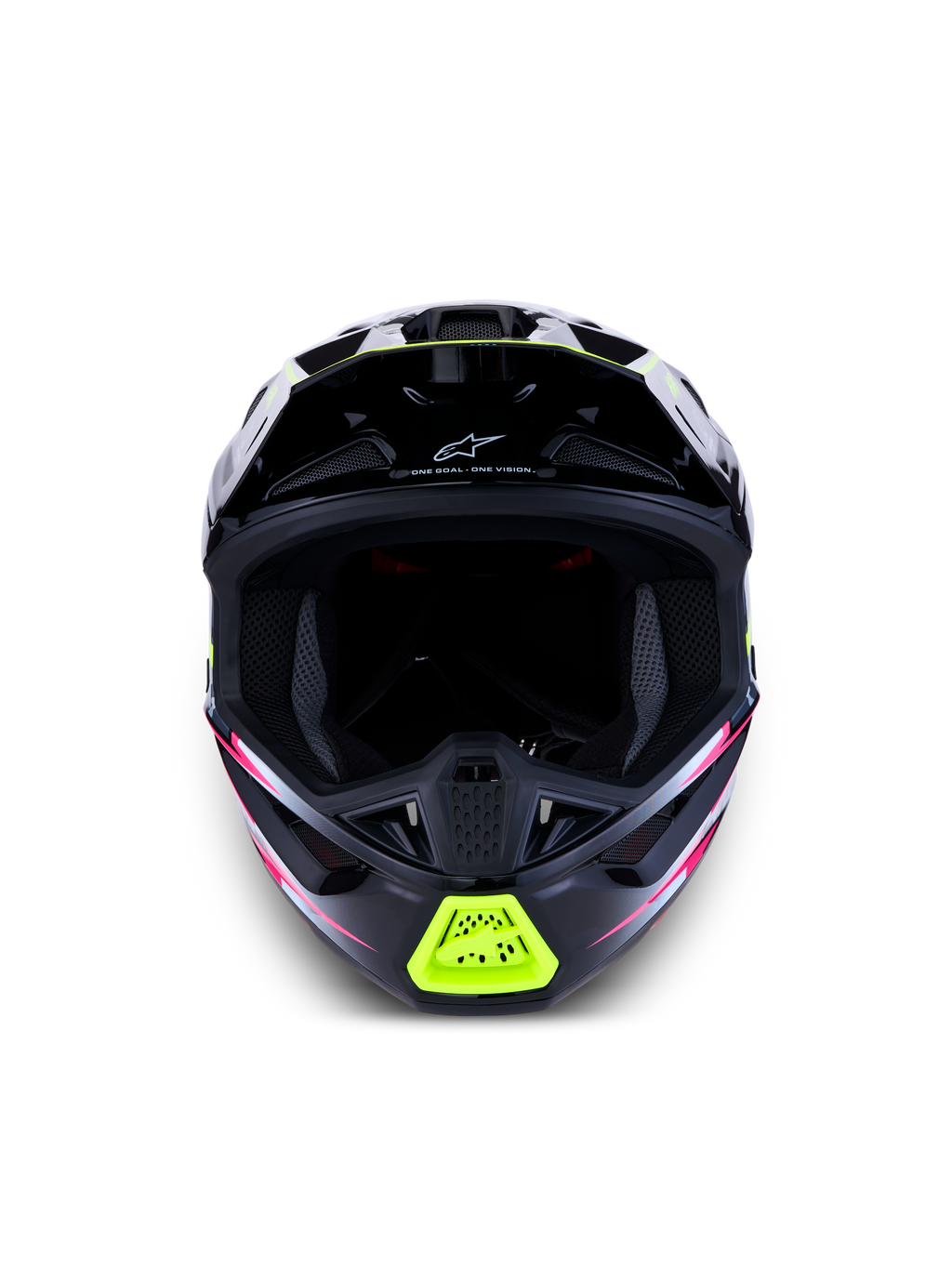 Casco Alpinestars S-M7 Blaster ECE06, casco de motocross para carreras off-road, negro con detalles en amarillo flúor y rosa, vista frontal con aberturas de ventilación.