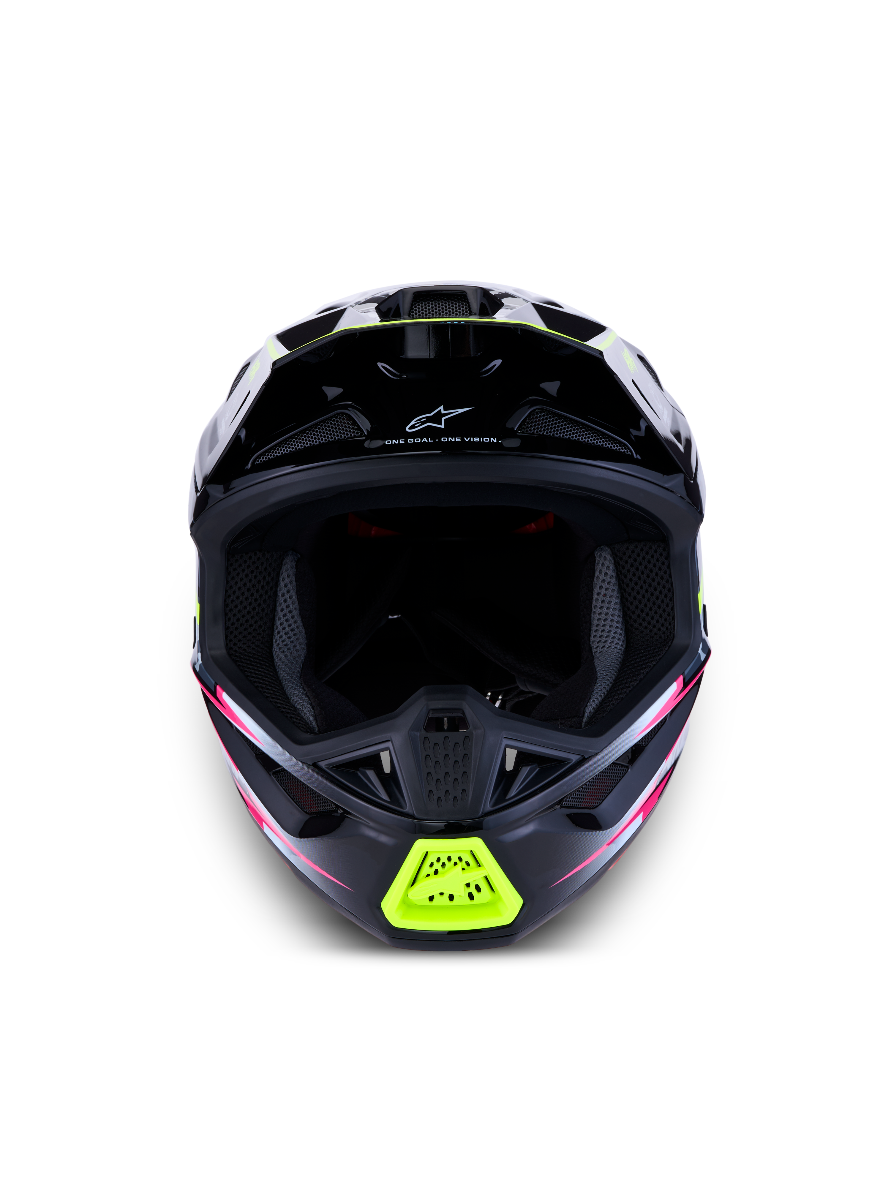 Casco Alpinestars S-M7 Blaster ECE06, casco de motocross para carreras off-road, negro con detalles en amarillo flúor y rosa, vista frontal con aberturas de ventilación.
