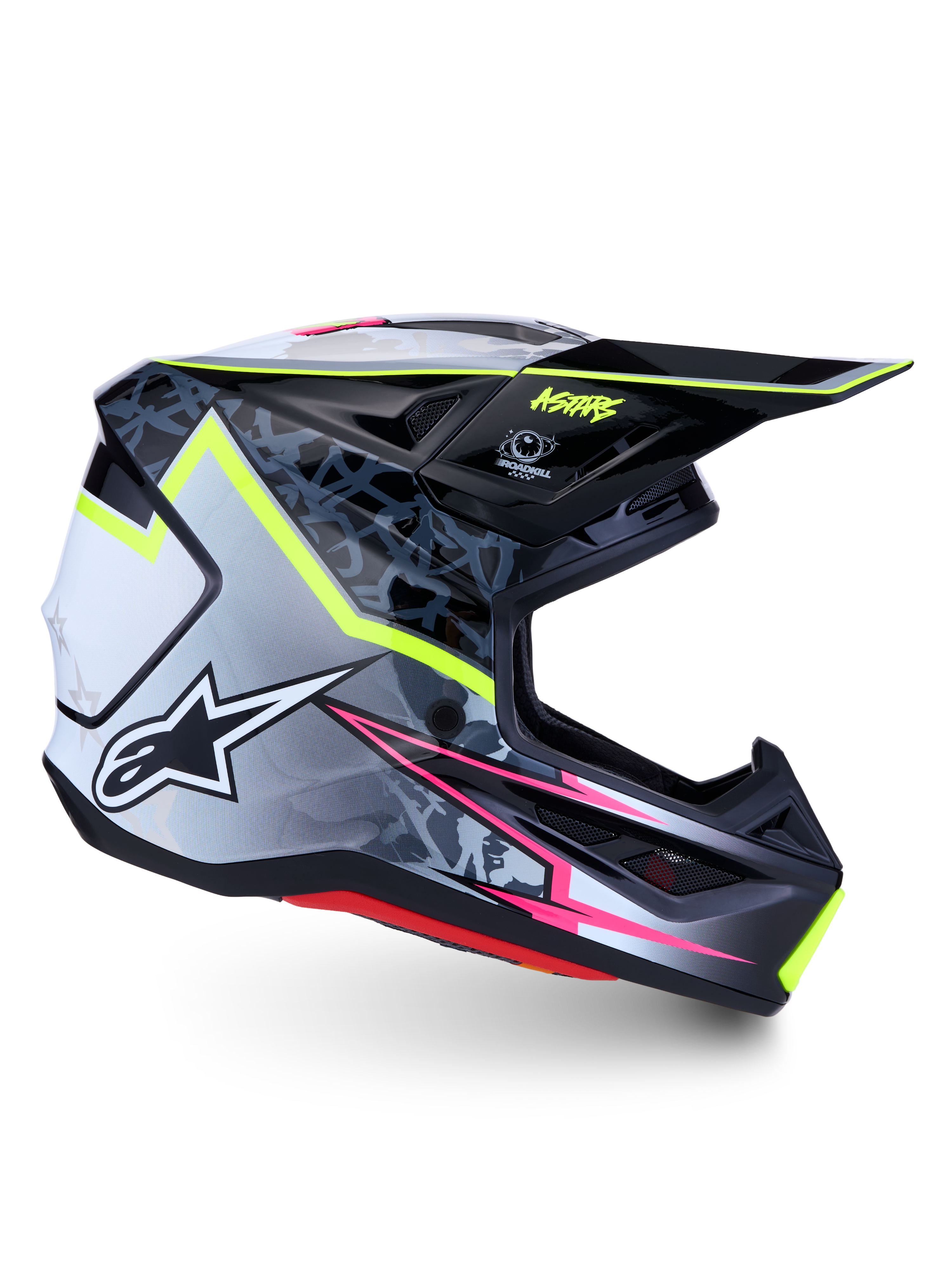 Alpinestars S-M7 Blaster, casco de motocross off-road, negro y gris con amarillo flúor y rosa, certificado ECE 22.06