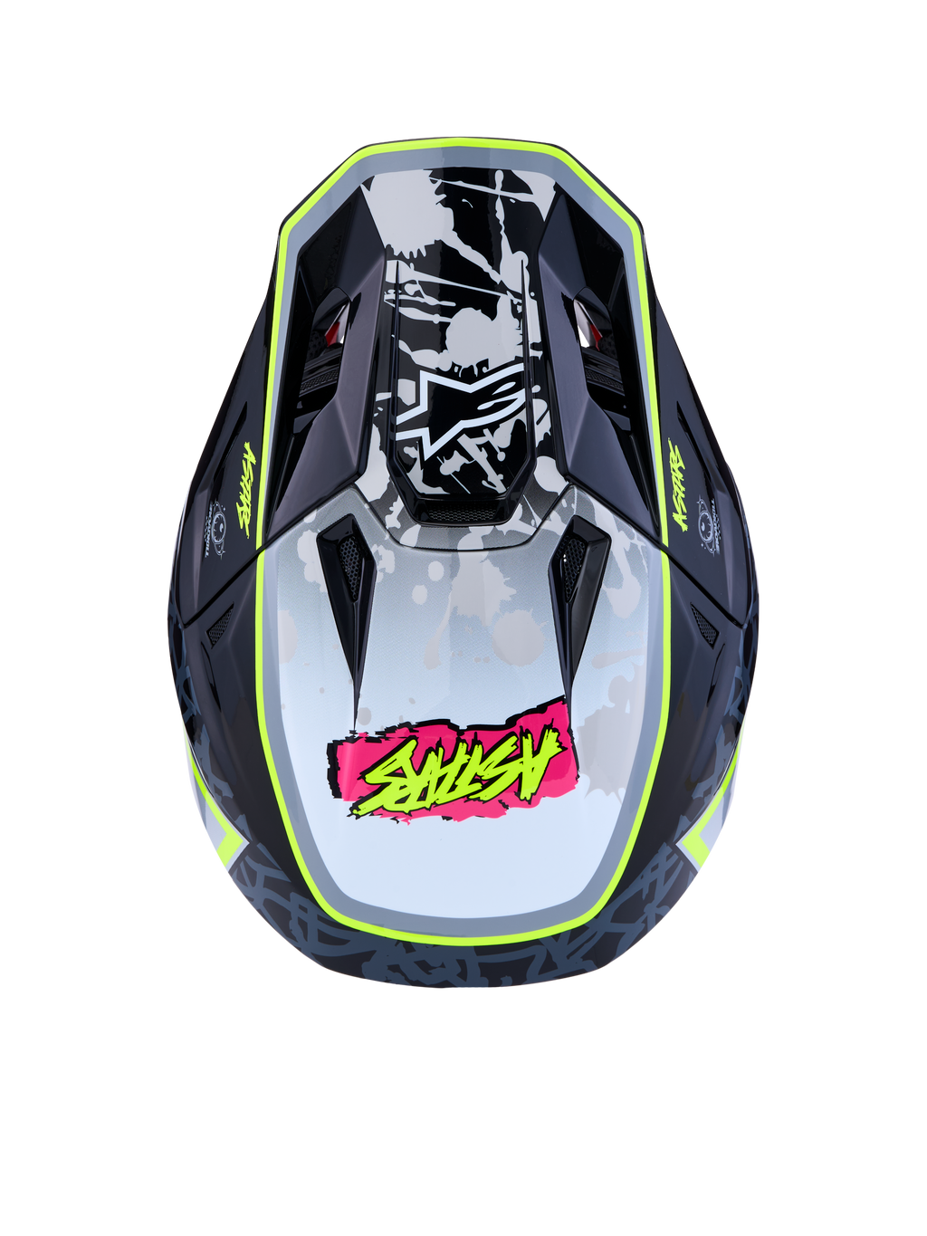 Casco Alpinestars S-M7 Blaster ECE06, de motocross, negro y amarillo flúor, vista superior con diseño aerodinámico.