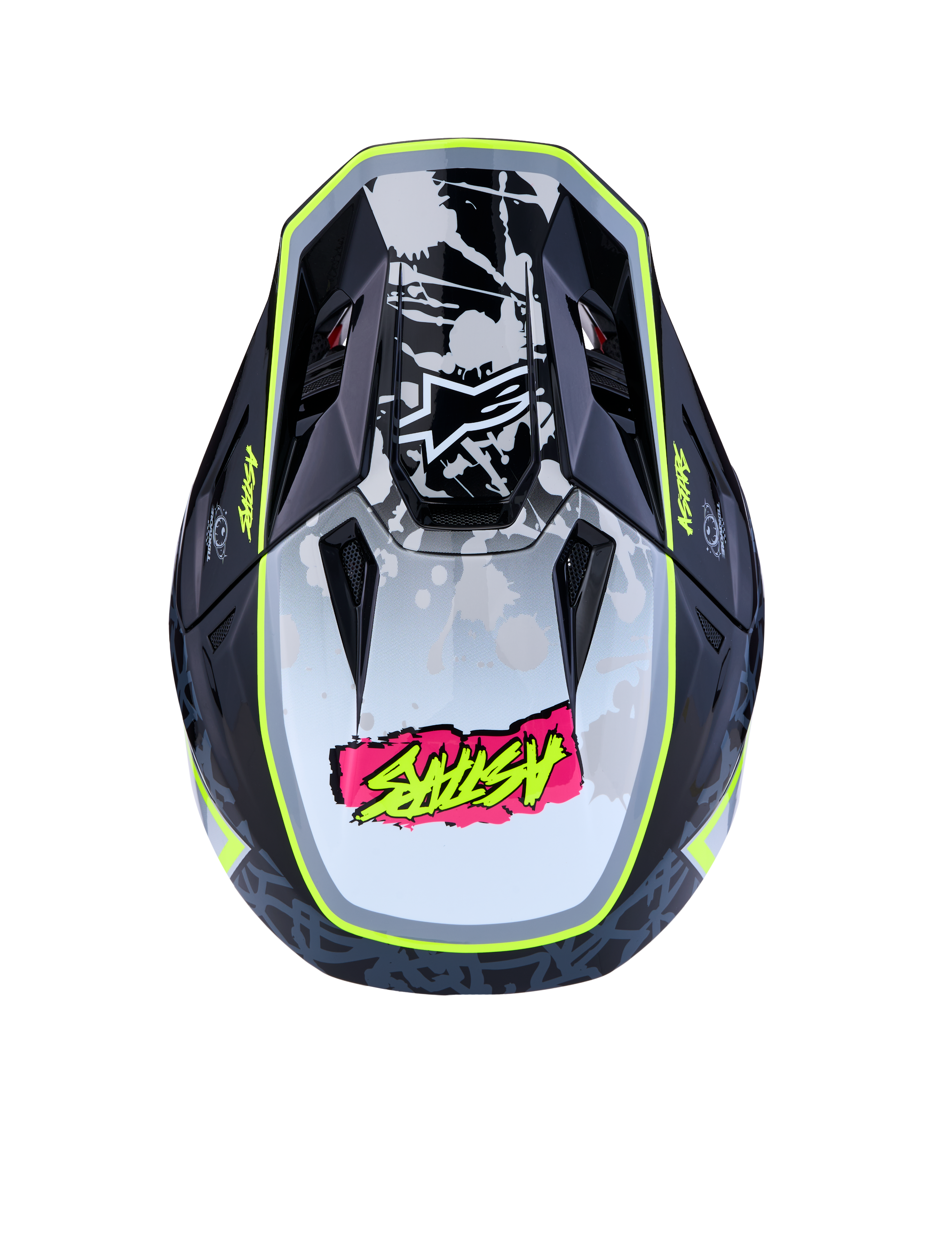 Casco Alpinestars S-M7 Blaster ECE06, de motocross, negro y amarillo flúor, vista superior con diseño aerodinámico.