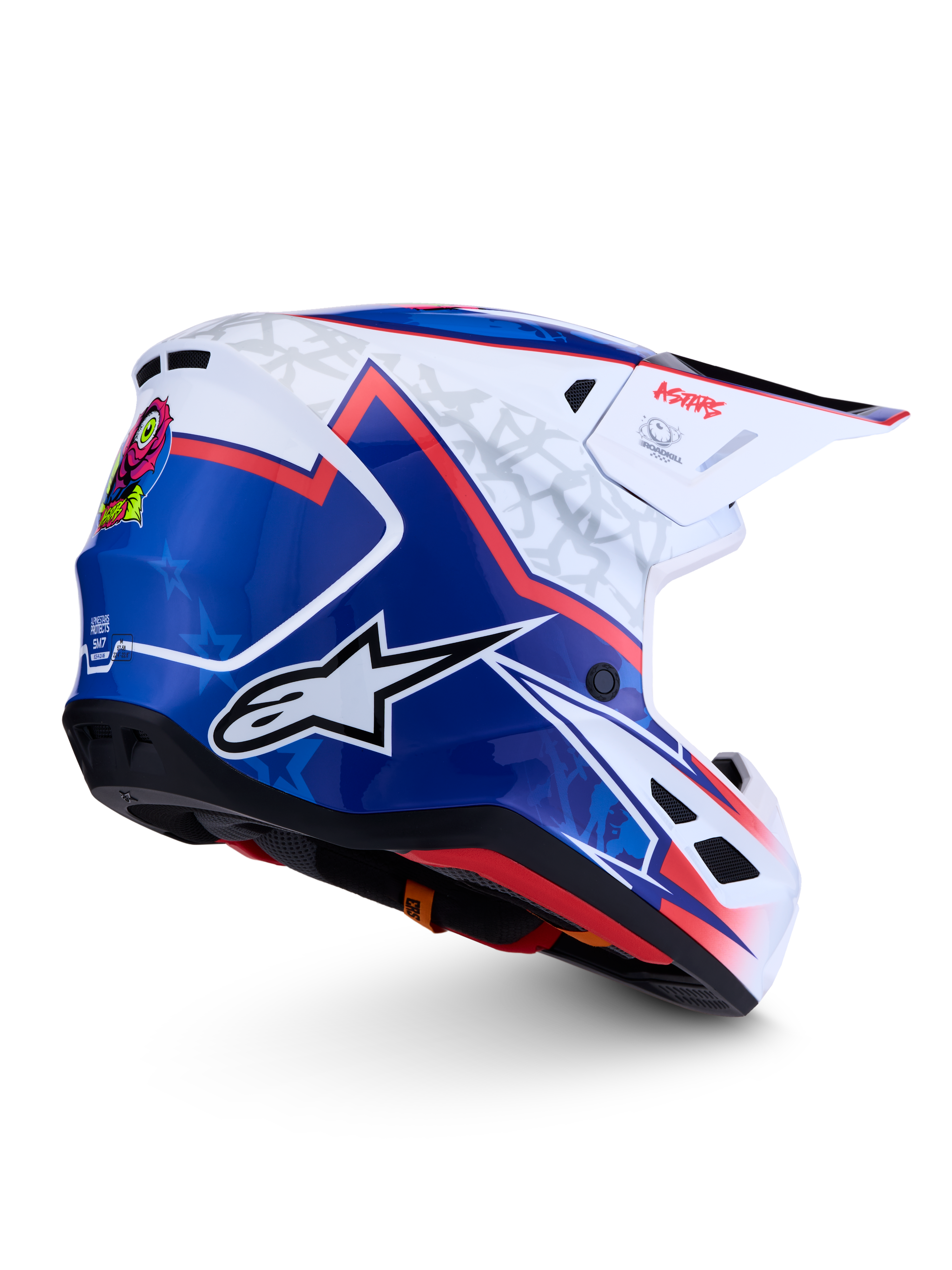Casco Alpinestars S-M7 Blaster, casco de motocross, azul y blanco con detalles rojos, acabado brillante, certificación ECE
