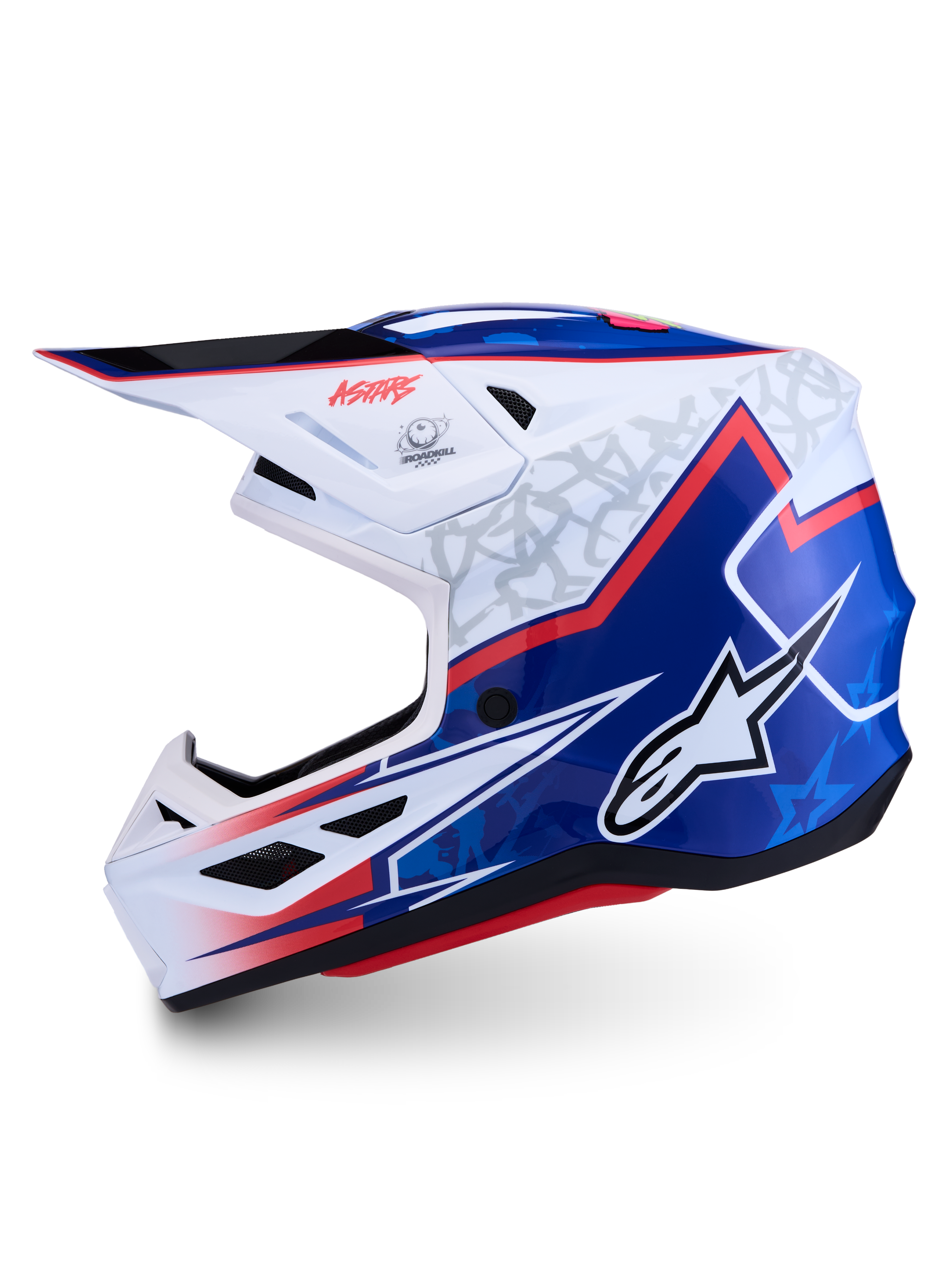 Alpinestars S-M7 Blaster ECE06, casco de motocross blanco y azul con detalles rojos, acabado brillante, certificación ECE 22.06