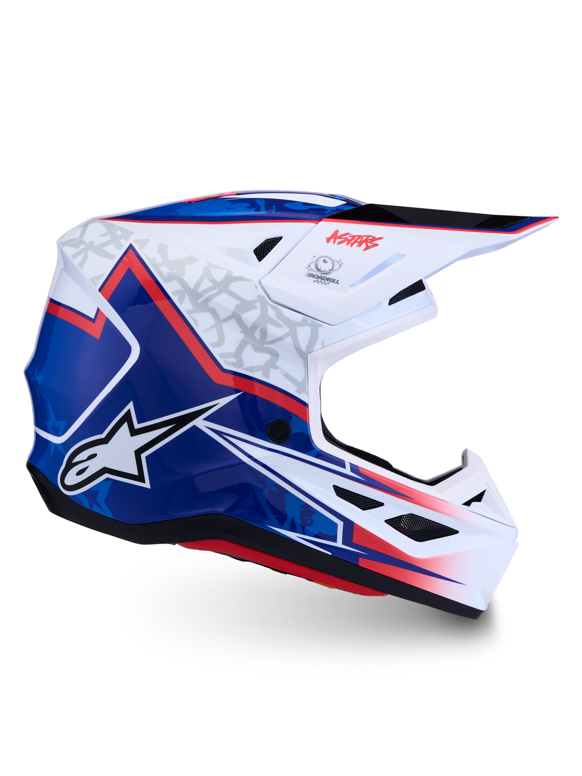 Alpinestars S-M7 Blaster, casco de motocross para off-road, blanco, azul y rojo, con certificación ECE 22.06 y carcasa de compuesto ligero