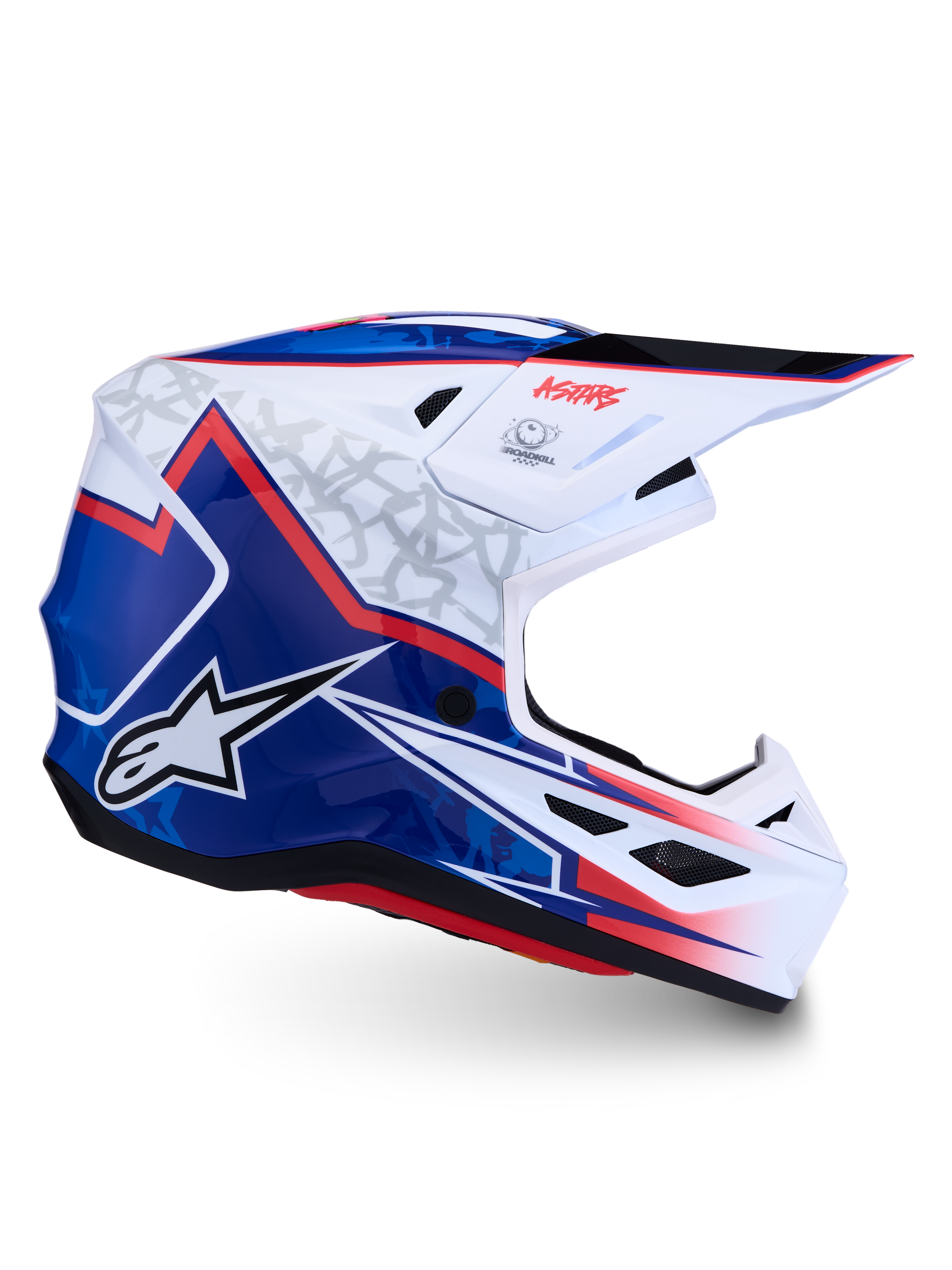 Alpinestars S-M7 Blaster, casco de motocross para off-road, blanco, azul y rojo, con certificación ECE 22.06 y carcasa de compuesto ligero