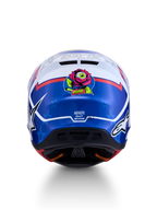 Alpinestars casco S-M7 Blaster ECE06, casco de motocross para hombre, azul y blanco, vista trasera con gráfico de rosa y ojo, certificación ECE 22.06 visible, diseño aerodinámico para off-road