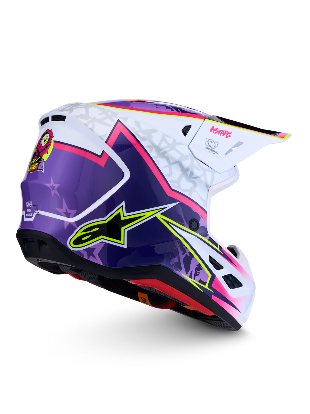 Alpinestars Casco S-M7 Blaster, casco de motocross morado, rosa y blanco brillante, carcasa aerodinámica certificada ECE 22.06