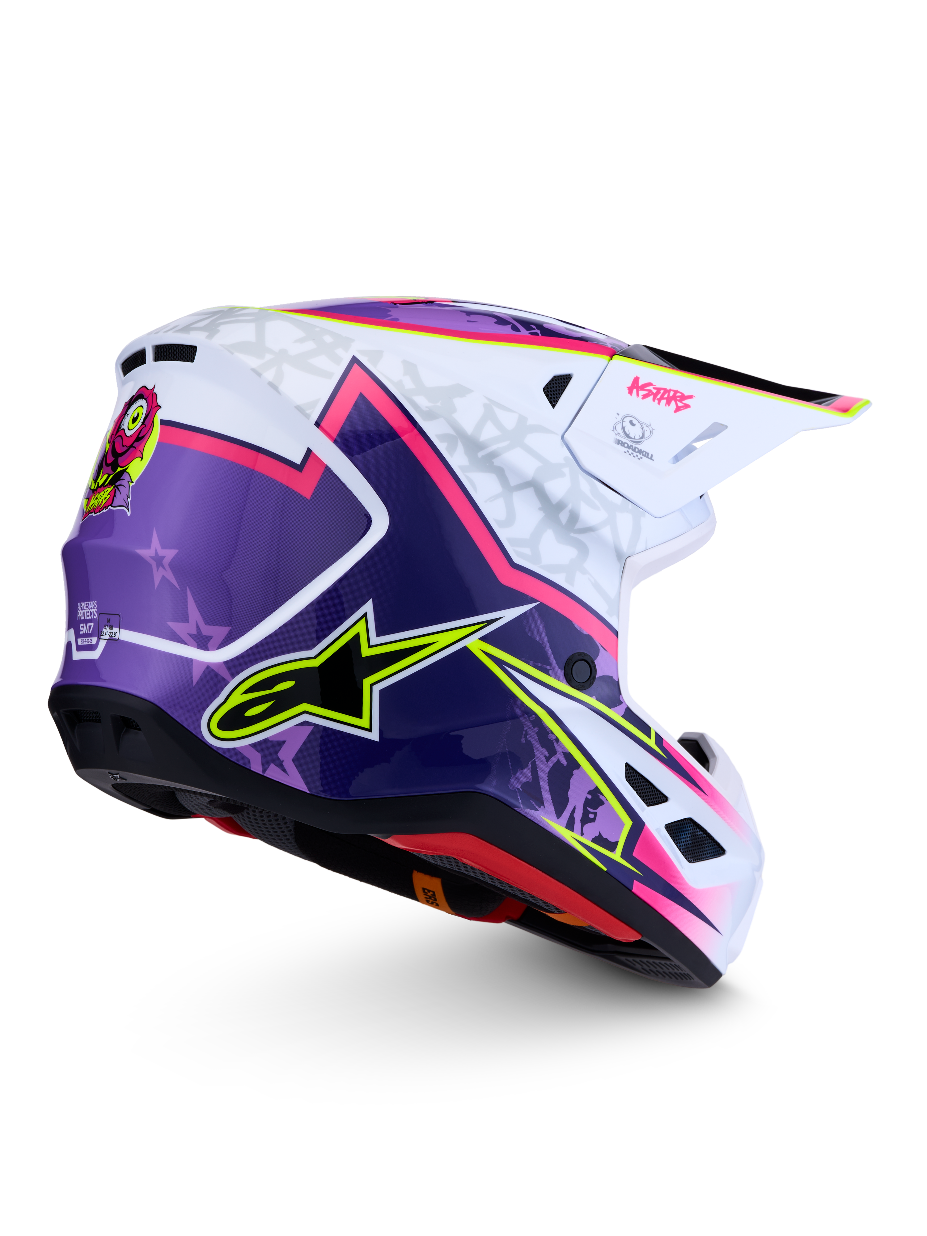 Alpinestars Casco S-M7 Blaster, casco de motocross morado, rosa y blanco brillante, carcasa aerodinámica certificada ECE 22.06