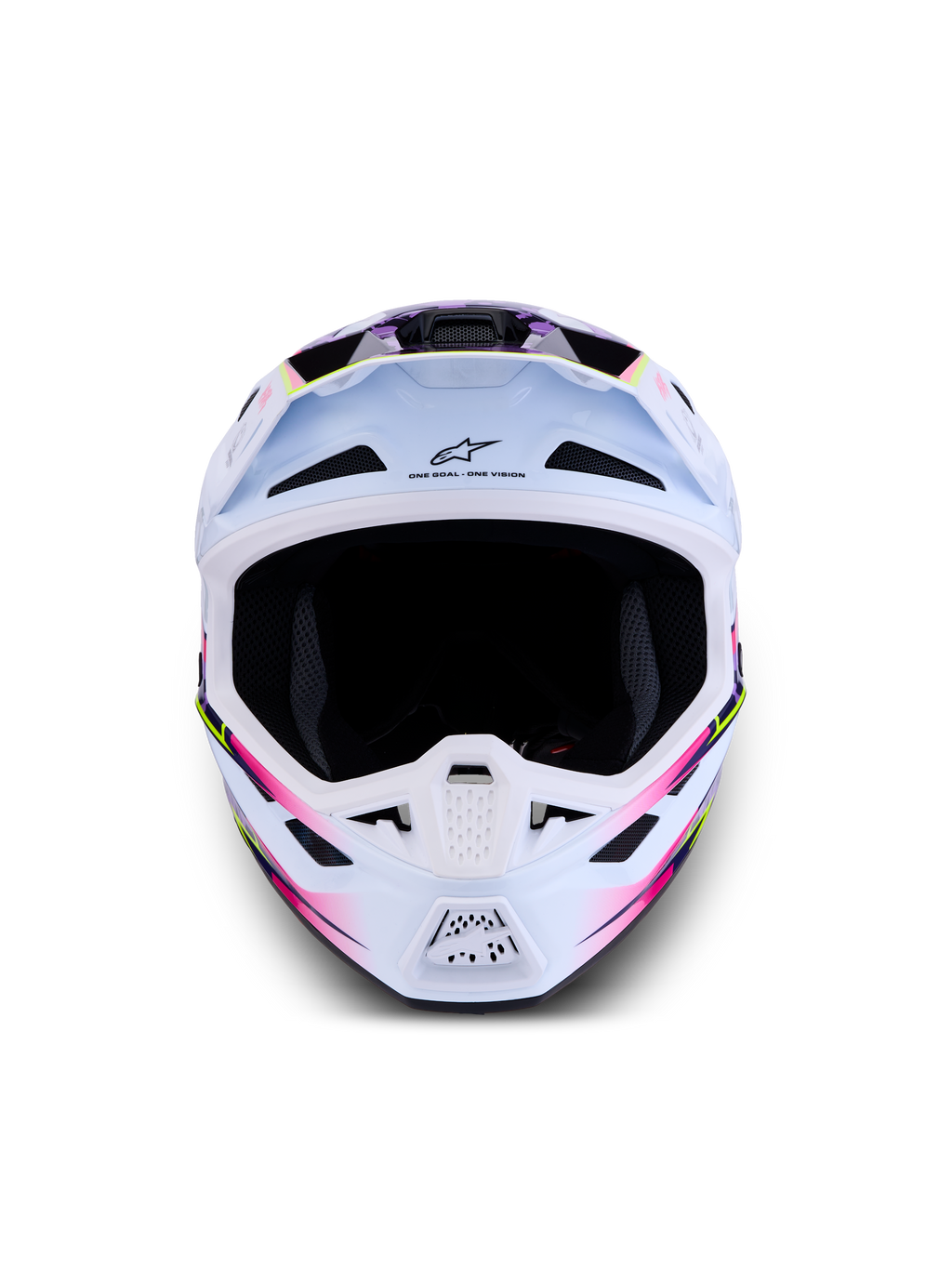 Alpinestars S-M7 Blaster ECE06, casco de motocross blanco con gráficos brillantes morados y rosas, certificado ECE 22.06