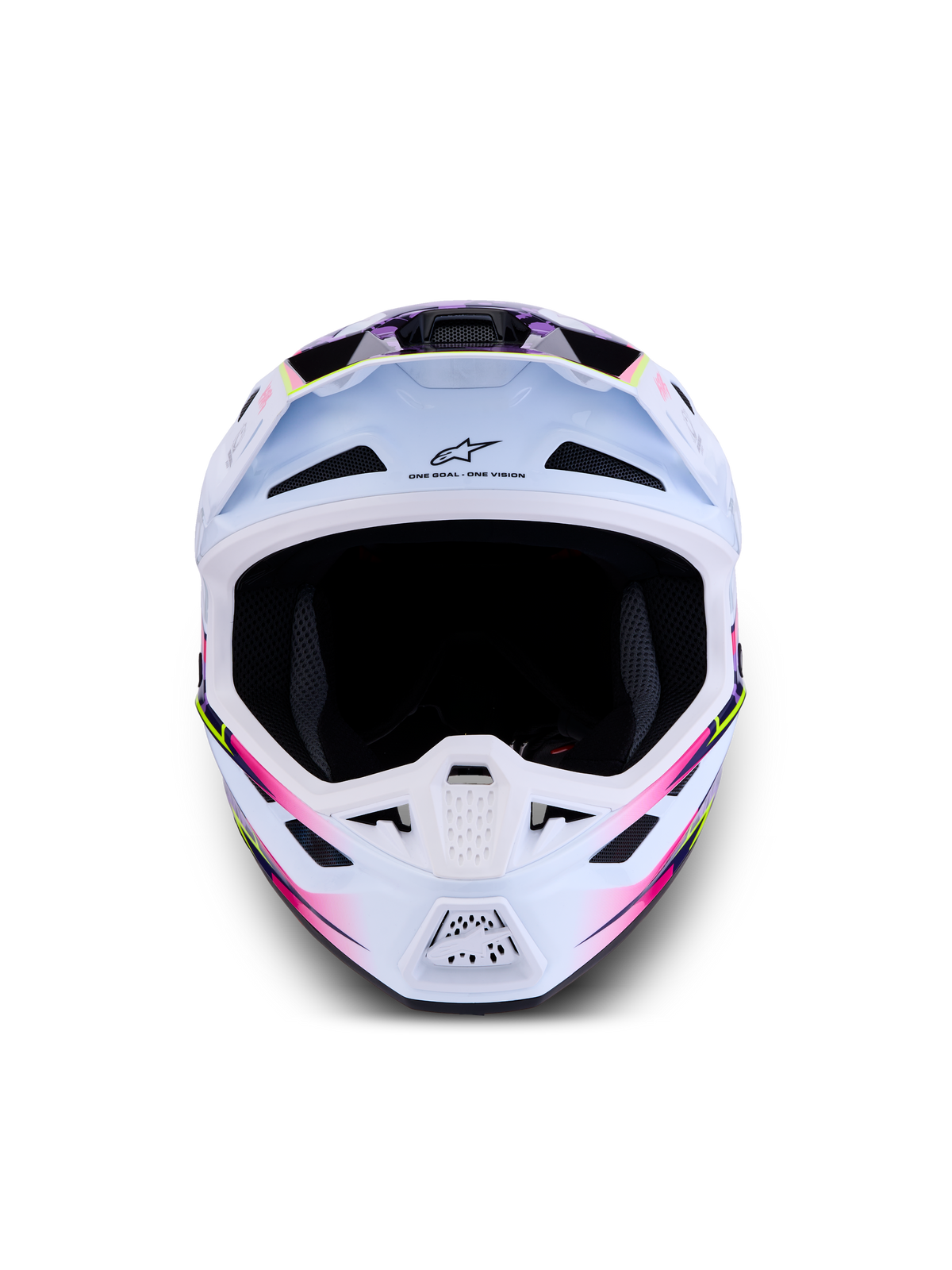 Alpinestars S-M7 Blaster ECE06, casco de motocross blanco con gráficos brillantes morados y rosas, certificado ECE 22.06