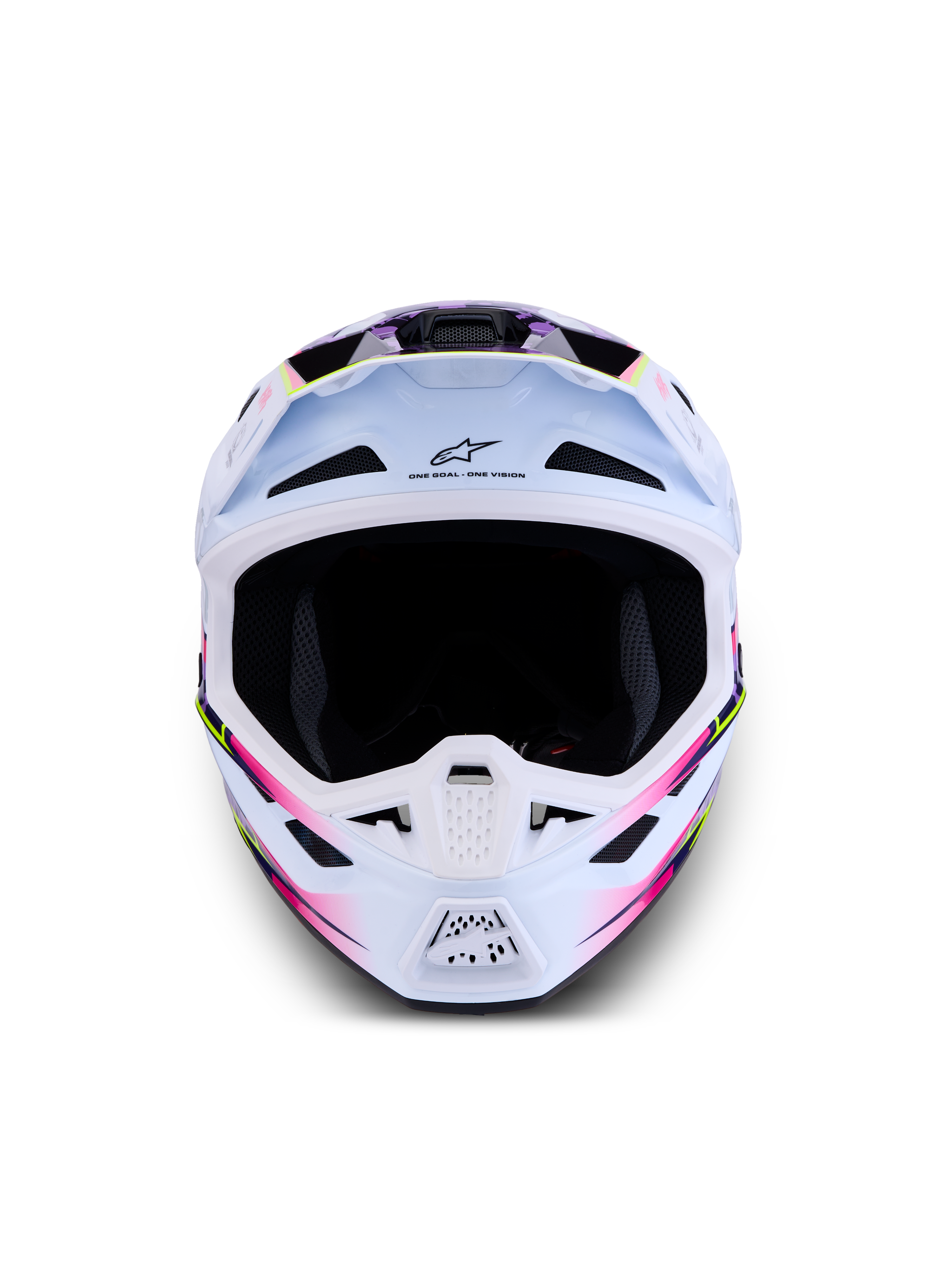 Alpinestars S-M7 Blaster ECE06, casco de motocross blanco con gráficos brillantes morados y rosas, certificado ECE 22.06