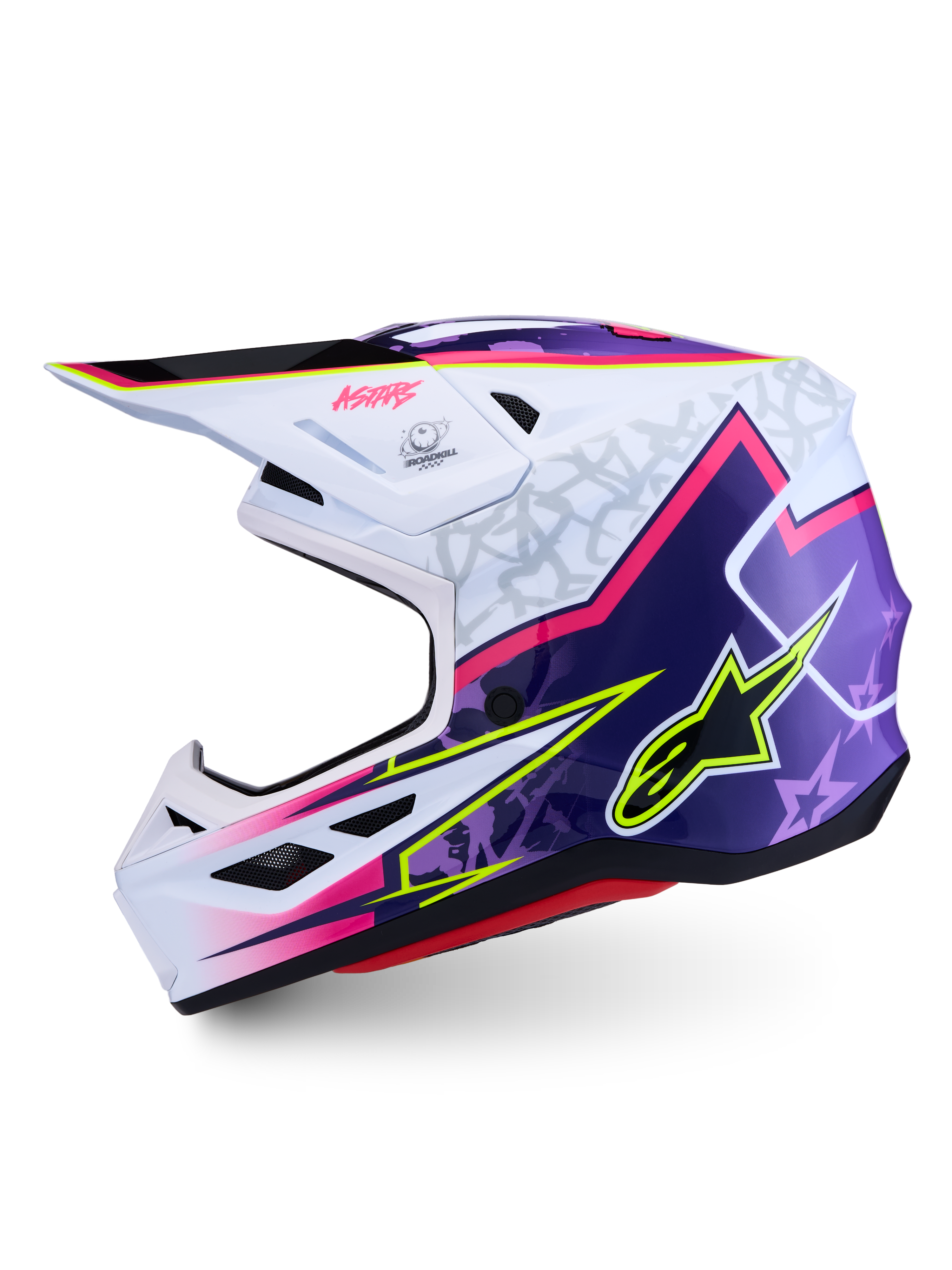 Alpinestars S-M7 Blaster ECE06, casco de motocross para off-road, morado, rosa y blanco, certificado ECE 22.06, construcción ligera de composite con diseño aerodinámico