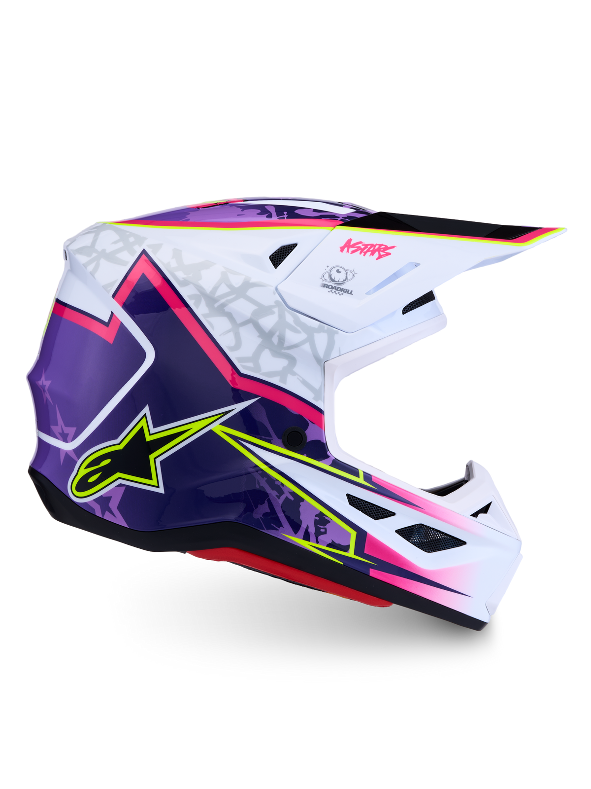 Alpinestars S-M7 Blaster Helmet ECE06, purple, pink and white glossy motocross helmet, lightweight shell, ECE certified.