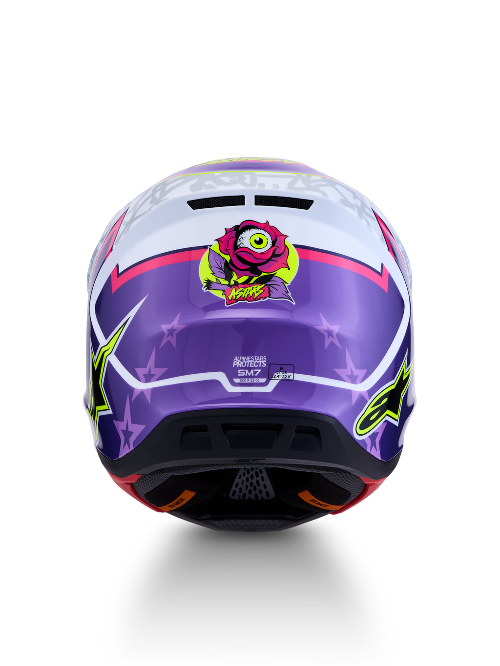 Casco Alpinestars S-M7 Blaster ECE06, casco de motocross morado y rosa brillante, diseño con gráfico trasero de rosa y motivos de estrellas, equipo de protección para off-road, homologación ECE 22.06