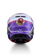 Casco Alpinestars S-M7 Blaster ECE06, casco de motocross morado y rosa brillante, diseño con gráfico trasero de rosa y motivos de estrellas, equipo de protección para off-road, homologación ECE 22.06