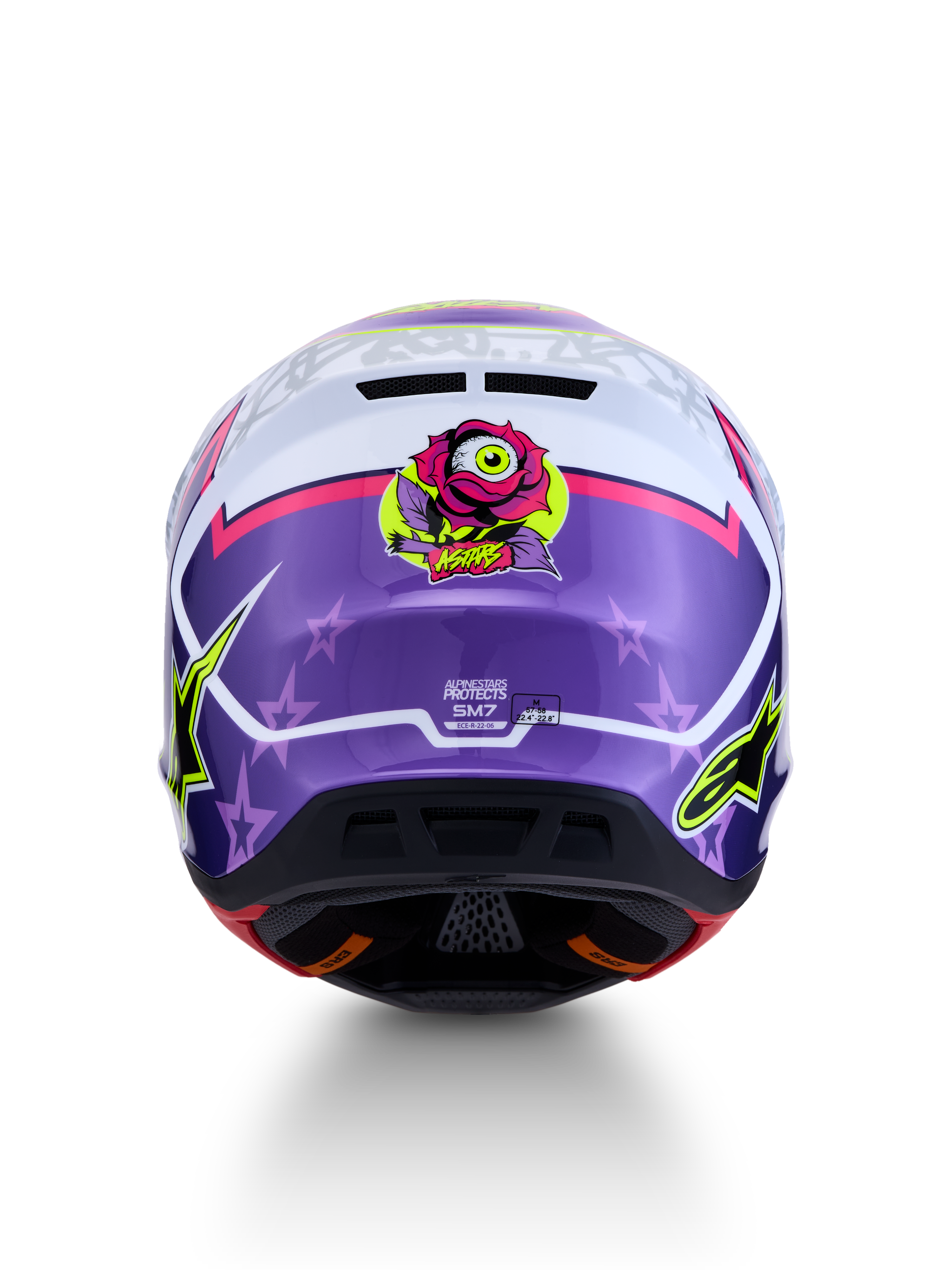 Casco Alpinestars S-M7 Blaster ECE06, casco de motocross morado y rosa brillante, diseño con gráfico trasero de rosa y motivos de estrellas, equipo de protección para off-road, homologación ECE 22.06