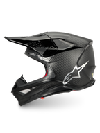 Alpinestars Supertech M10 Fame, casco de motocross negro carbón mate y brillante con logotipo plateado, certificado ECE 22.06