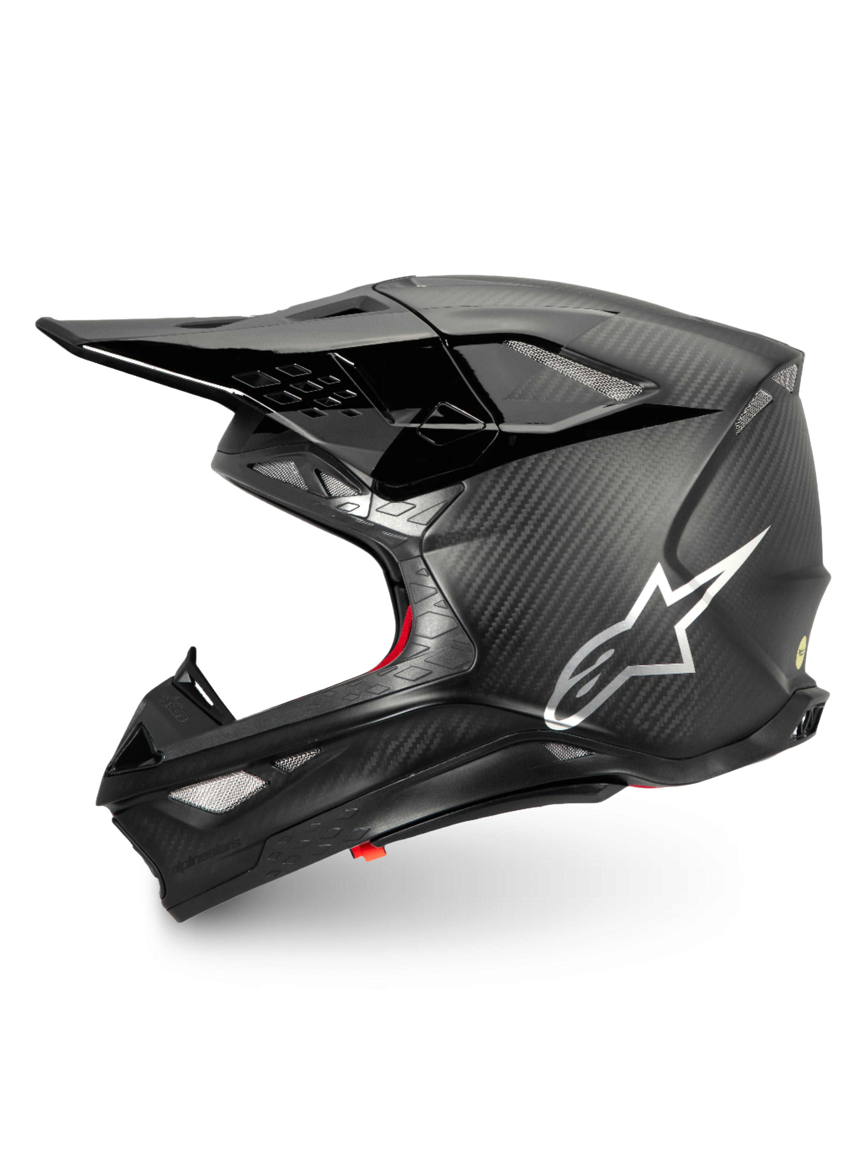 Alpinestars Supertech M10 Fame, casco de motocross negro carbón mate y brillante con logotipo plateado, certificado ECE 22.06