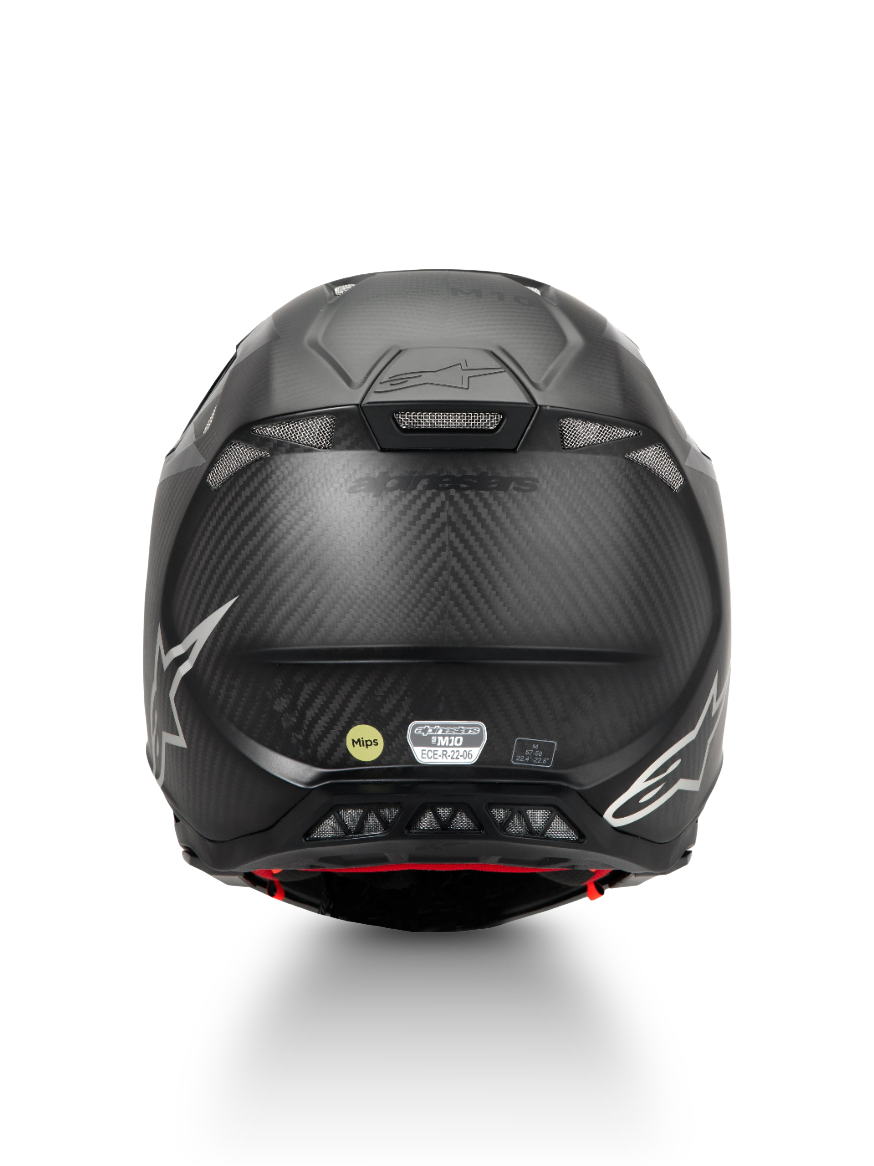 Casco Alpinestars Supertech M10 Fame para motocross, negro mate, fibra de carbono, MIPS, ECE 22.06, vista trasera.