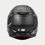 Casco Alpinestars Supertech M10 Fame ECE 22.06, vista trasera, carbono negro mate y brillante, con tejido de fibra de carbono visible, puertos de ventilación de malla, etiquetas de certificación MIPS y ECE, y logotipo de Alpinestars.