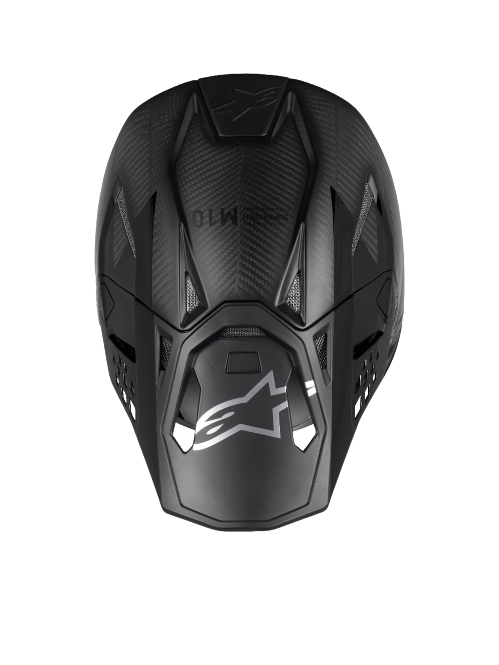 Alpinestars casco Supertech M10 Fame, vista superior, negro carbón mate y brillante, fibra de carbono 3K de motocross